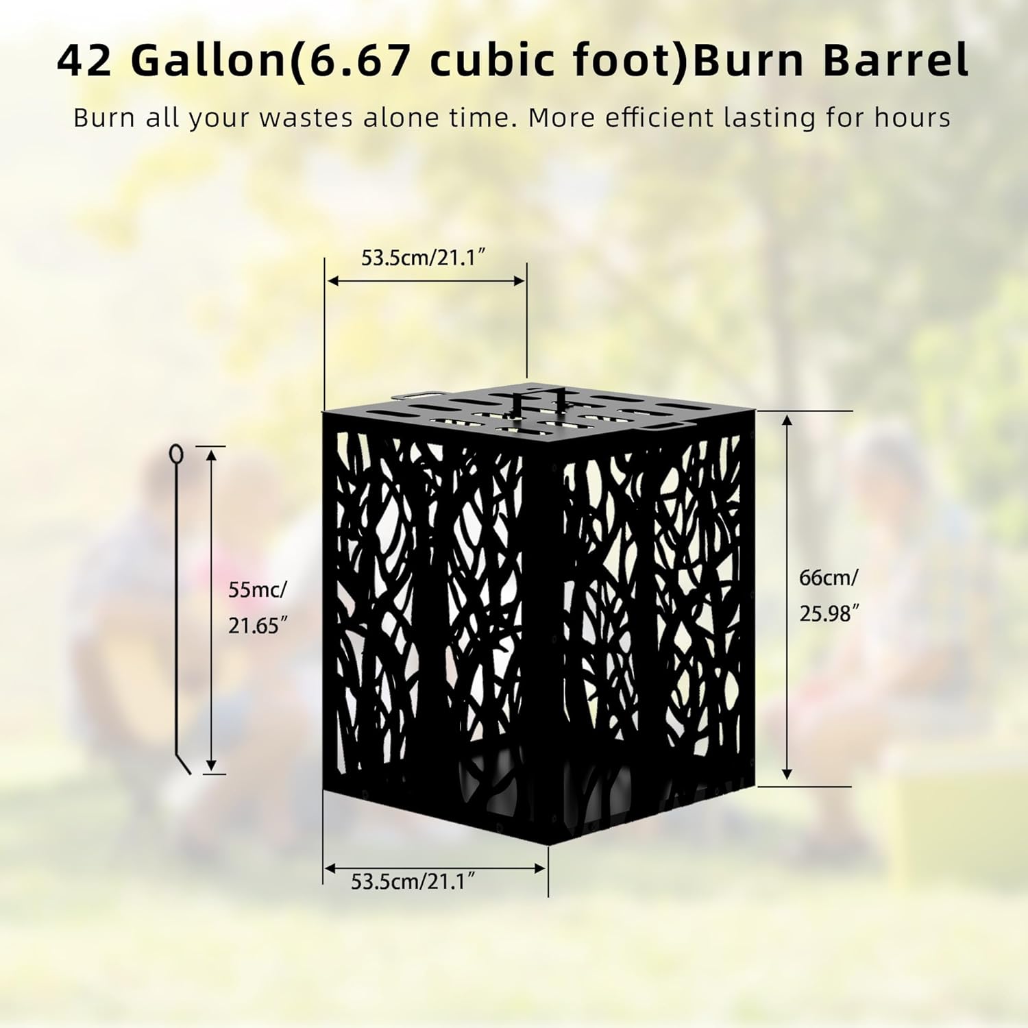 Burn Barrels for Outside, Square Carbon Steel Firepit, Heavy Duty Outdoor Incinerator Drum 22 Inch Burn Cage for Paper, Leaves, Trash & Wood (Black, 21