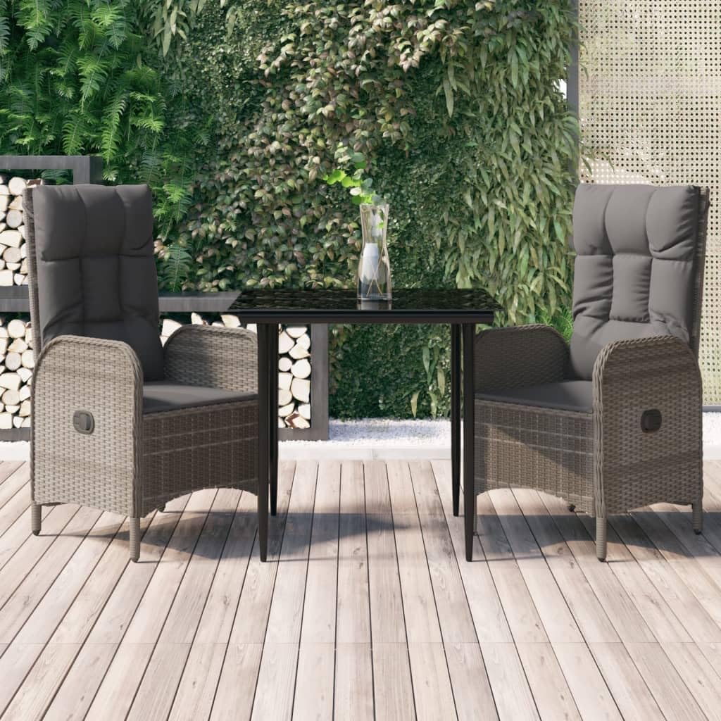 3 Piece Patio Dining Set with Cushions Black and Gray Poly Rattan Garden Furniture