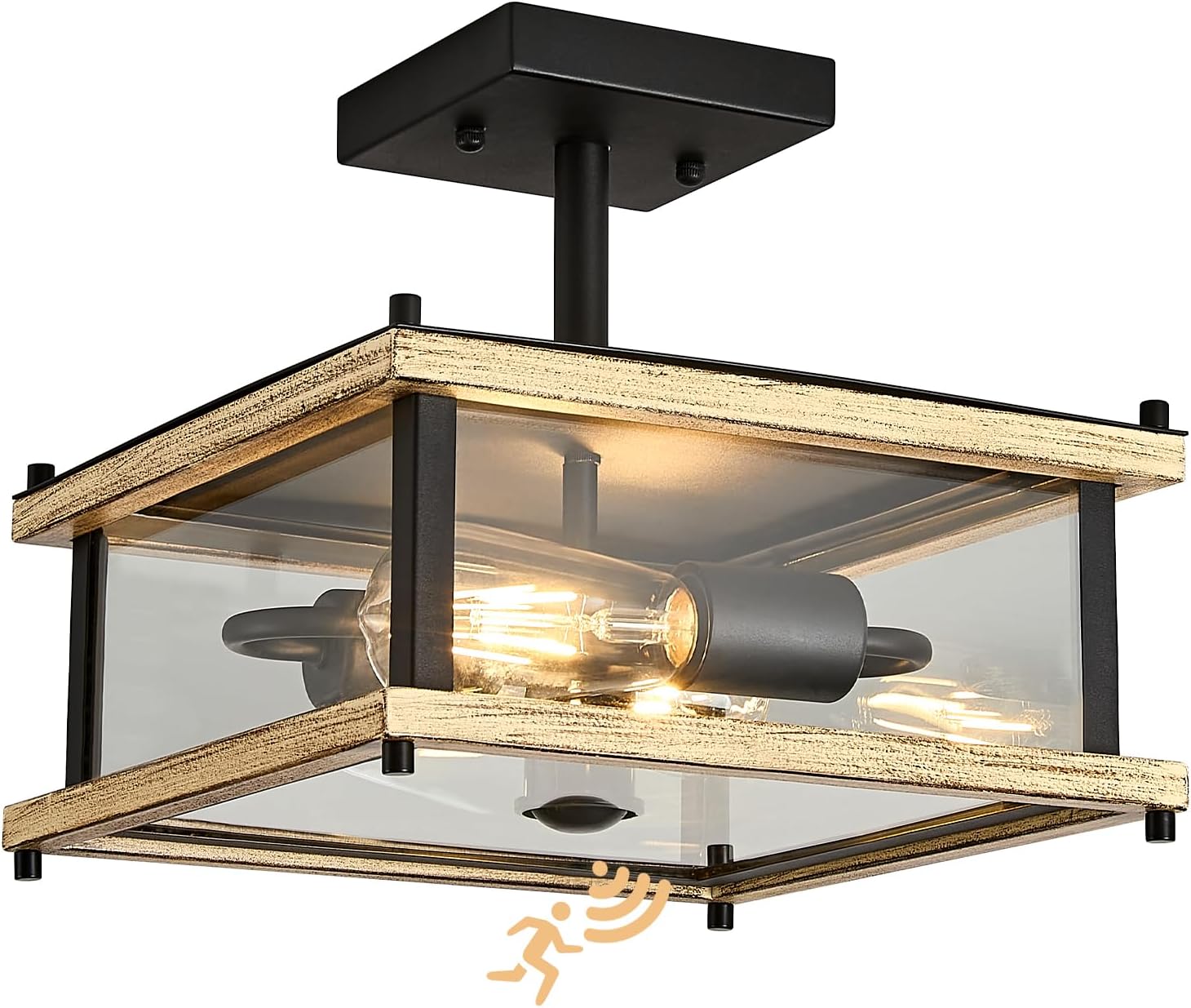 2-Light Farmhouse Motion Sensor Outdoor Ceiling Light Square Metal Frame Wood Grain Flush Mount, Industrial Exterior Porch Light Fixture with Clear Glass for Balcony Hallway Garage Entryway