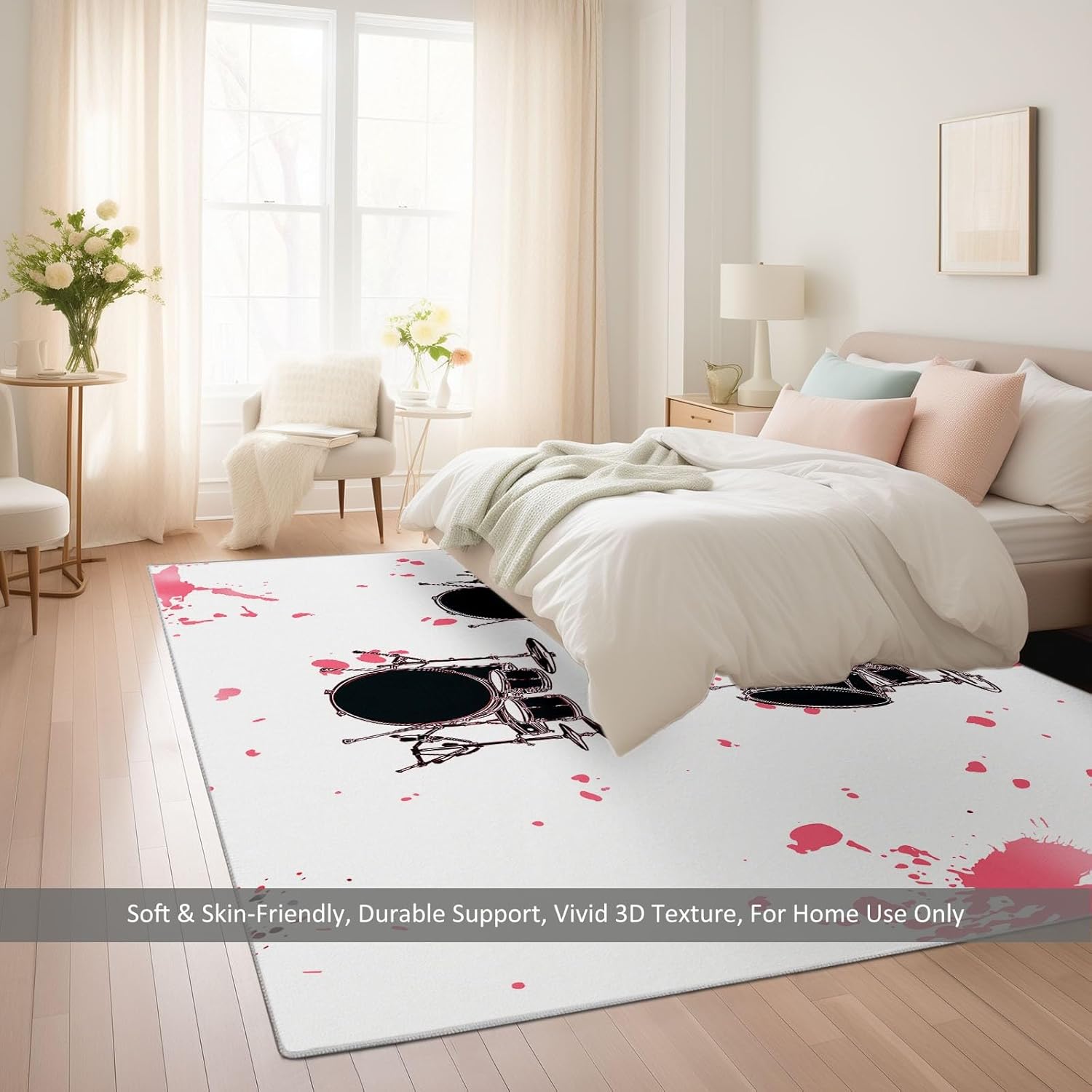 Machine Washable Cartoon Style Carpet 3 x 4 ft Area Rug, Non-Slip Rug Drum Set Music Print Low Pile Carpet for Living Room Bedroom Entryway Kitchen Dorm Hallway Kids Room