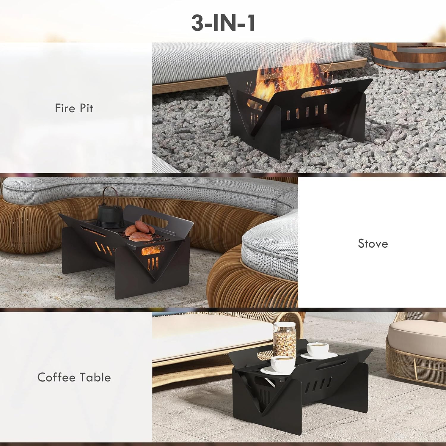 3-in-1 Portable Fire Pit, Stove, Coffee Table, Wood Burning Firepit with Carrying Bag and Quick Assembly for Camping, Bonfire, Picnic, Backyard, Patio, Black