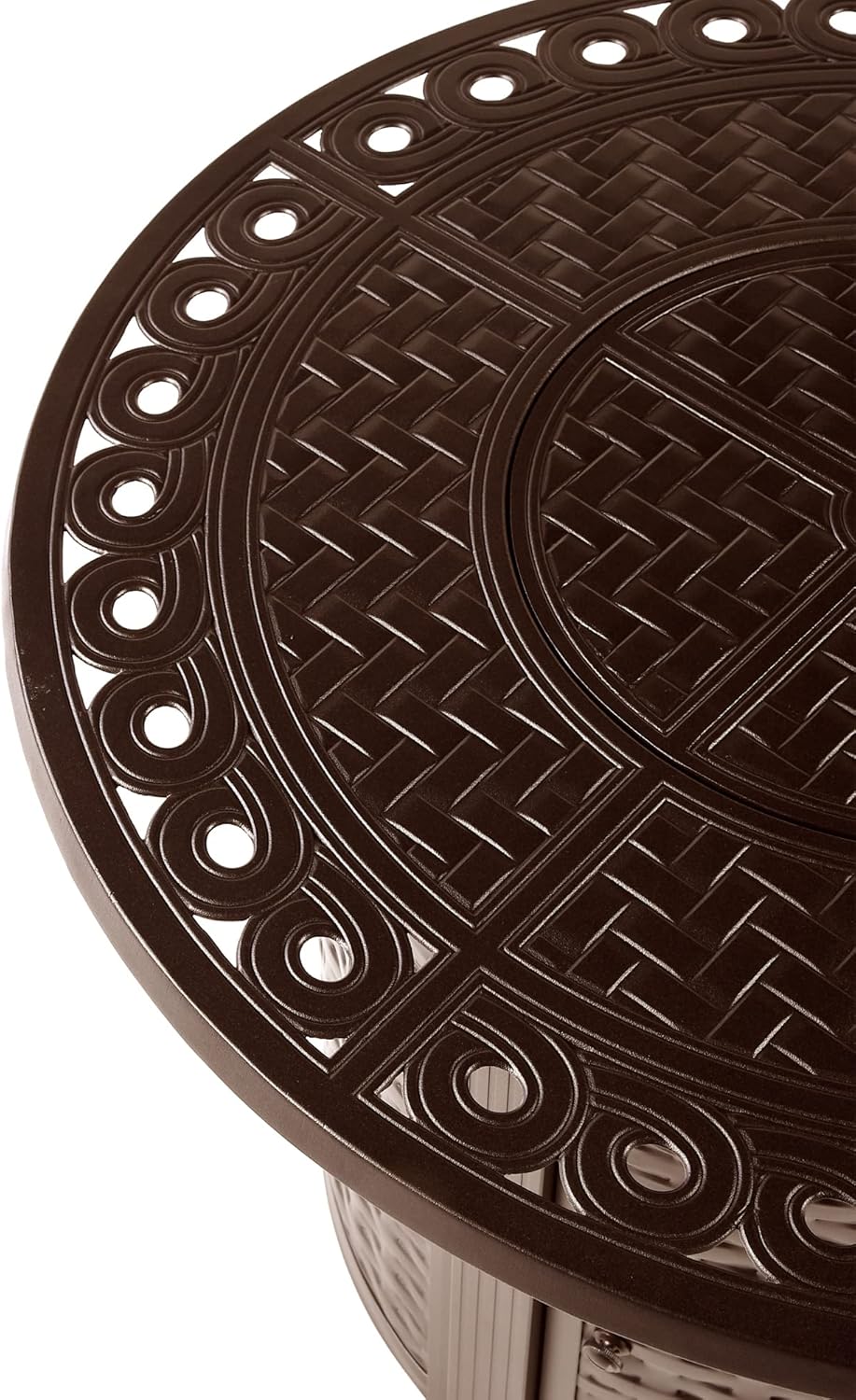 Round 34 in. x 34 in. Aluminum Propane Fire Pit Table with Glass Beads, Two Covers, Lid, 37,000 BTUs in Brown Finish