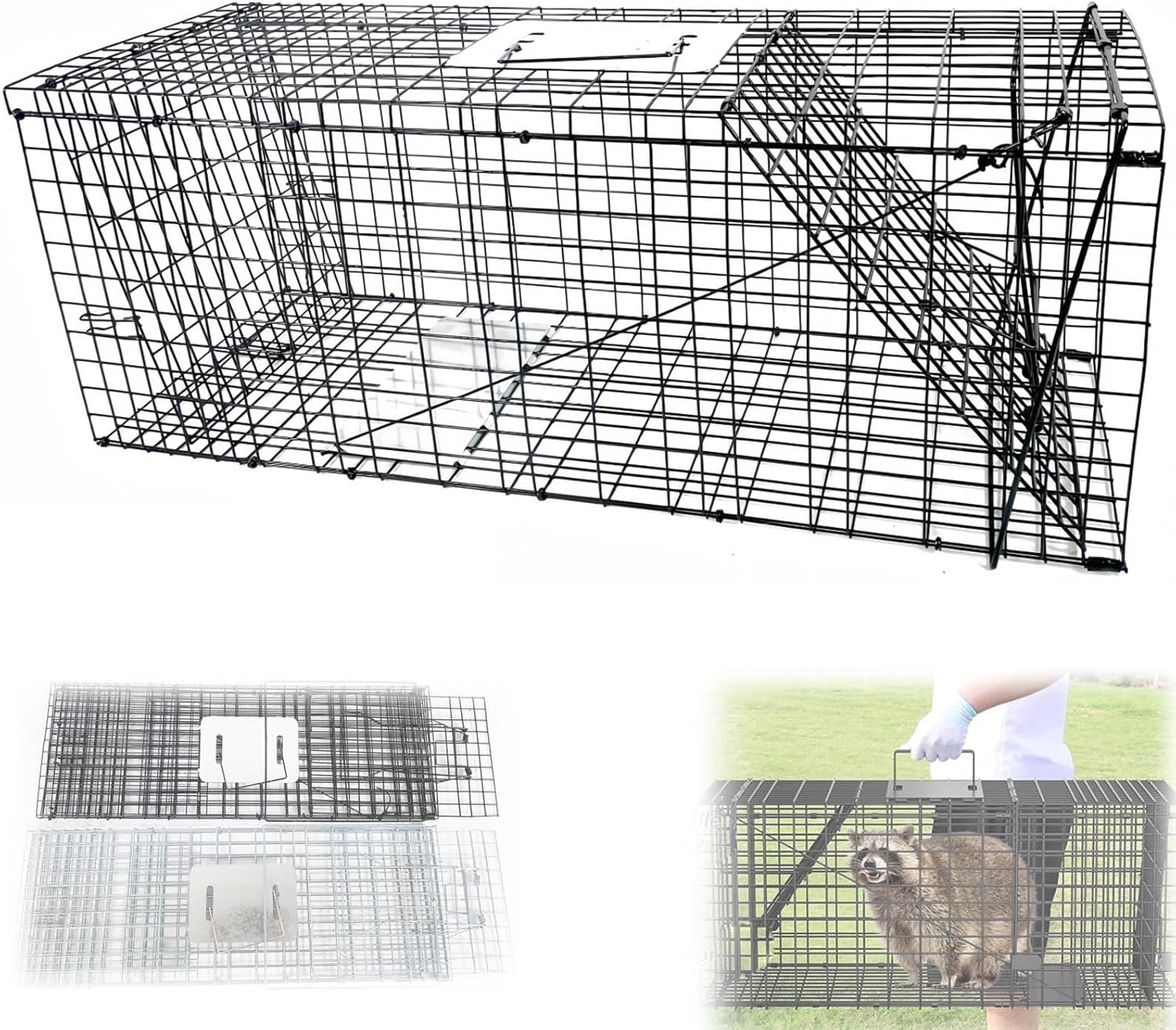 32 Inch Folding Live Animal Cage Trap Squirrel, Cat Trap for Stray Cats Large Humane Rodent Cage (1-13kg) for Rabbits, Raccoons, Gopher(Black)
