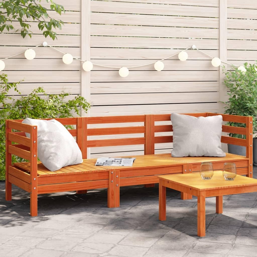 Patio Sofa 3-Seater Wax Brown Solid Wood Pine, Conversation Sets