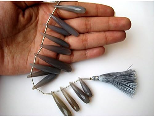1 Strand Natural Grey Chalcedony Beads, Briolette Beads, Tear Drop Beads, Faceted Gemstones 9x44mm to 6x22mm 6