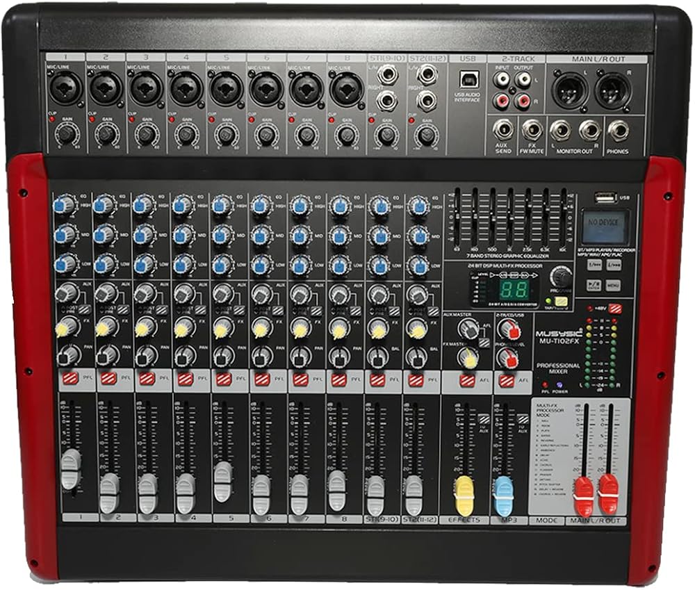 MUSYSIC PA Audio Mixer, Dual Bit FX Processor, 24 Built-in Preamp & Professional Amp, 99 Sound Effects USB/WMA/SD/MP3/Bluetooth Interface - DJ and Studio Gear with 66m Faders - 12 Channels 7 Band GEQ