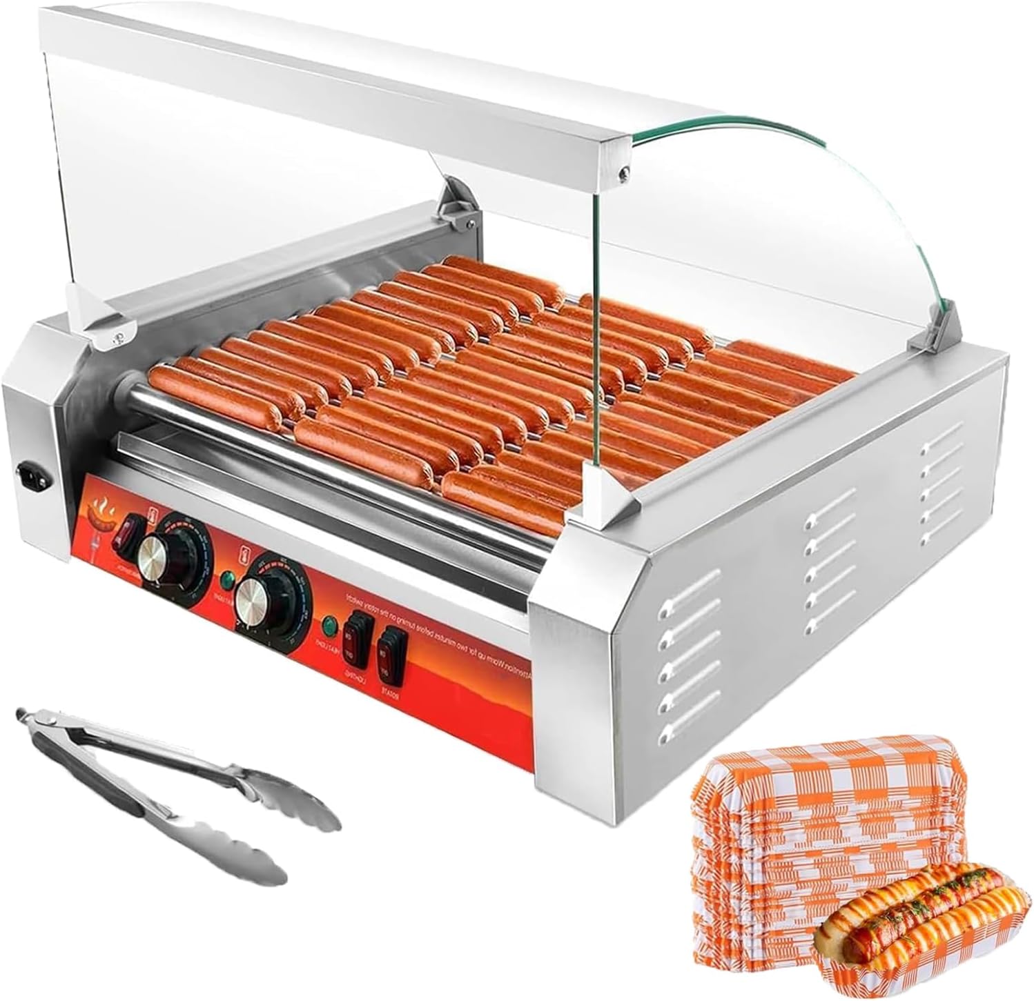 1670W 11-Roller Hot Dog Machine，Holds 30 Hot Dogs，Non-Stick & Stainless Steel，for Parties, Events & Food Stalls