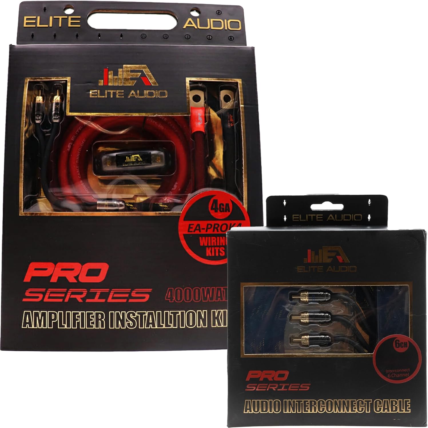 Elite Audio, EA-PROK4 + EA-PRO617, Pro Series Amplifier Wiring Kit and 6-Channel RCA Combo, 4000 Watts Max Power, 4GA Cables, Dual RCA Sets, ANL Fuse and Holder