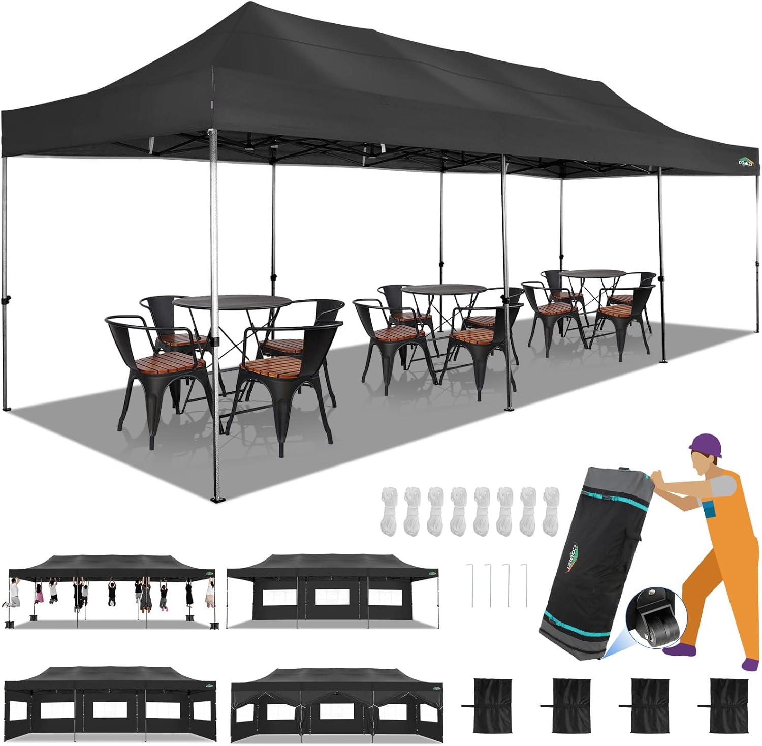 COBIZI 10x30 Heavy Duty Pop up Canopy with 8 sidewalls Party Tent for Parties Weddings Events UPF 50+ Waterproof Commercial Gazebo with Roller Bag, Black