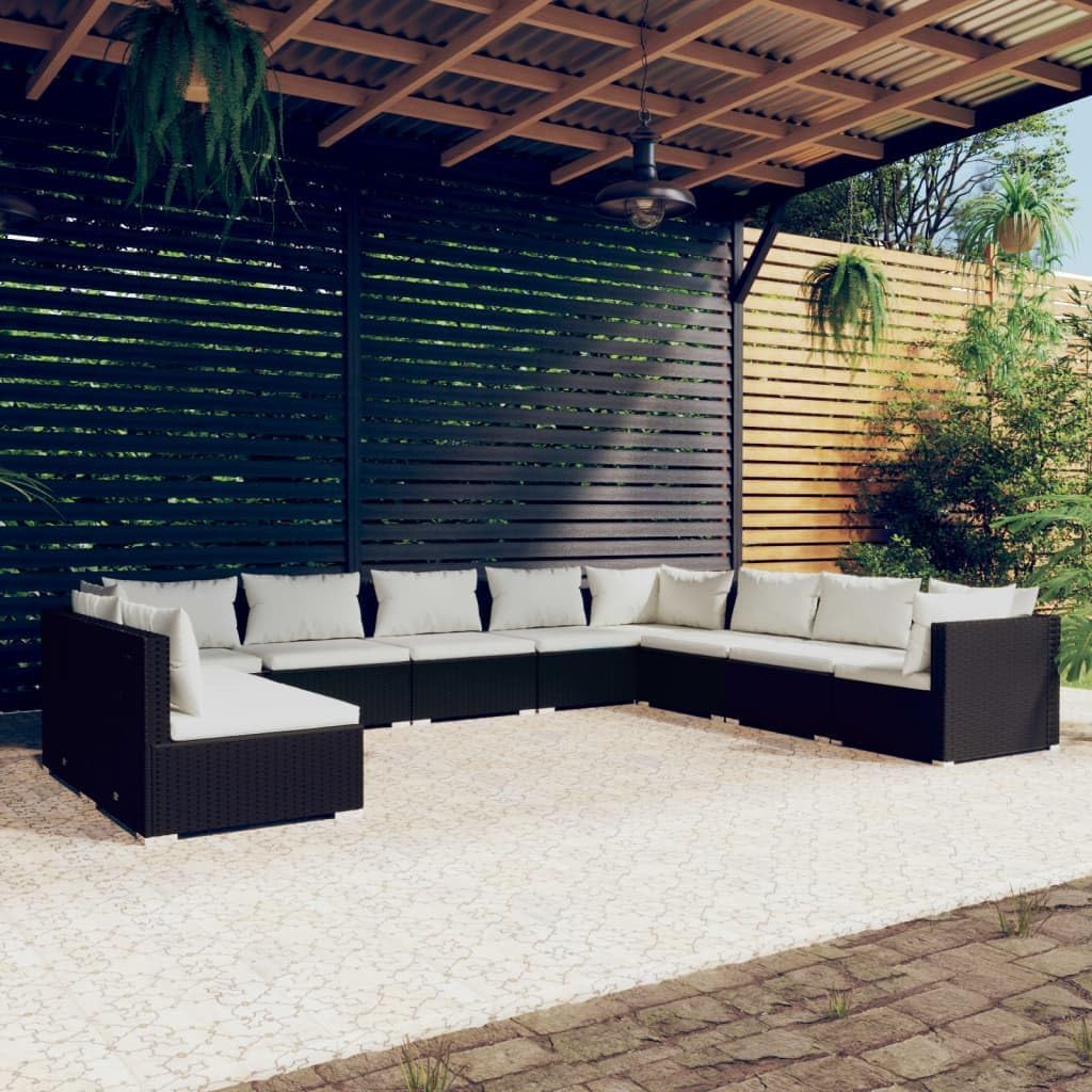 Furniture Sets 10 Piece Patio Lounge Set with Cushions Black Poly Rattan,Indulge in Leisure with Our Modular Poly Rattan Patio Lounge Set: for Outdoor Relaxation Garden Conversation Sets