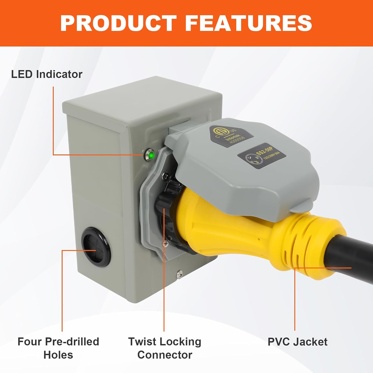 50AMP Generator Cord and Power Inlet Box, NEMA SS2-50P Pre-Drilled Generator Power Inlet Box with LED Power Indicator, 50 FT 14-50P to SS2-50R Extension Cord with Cord Organizer, ETL Listed