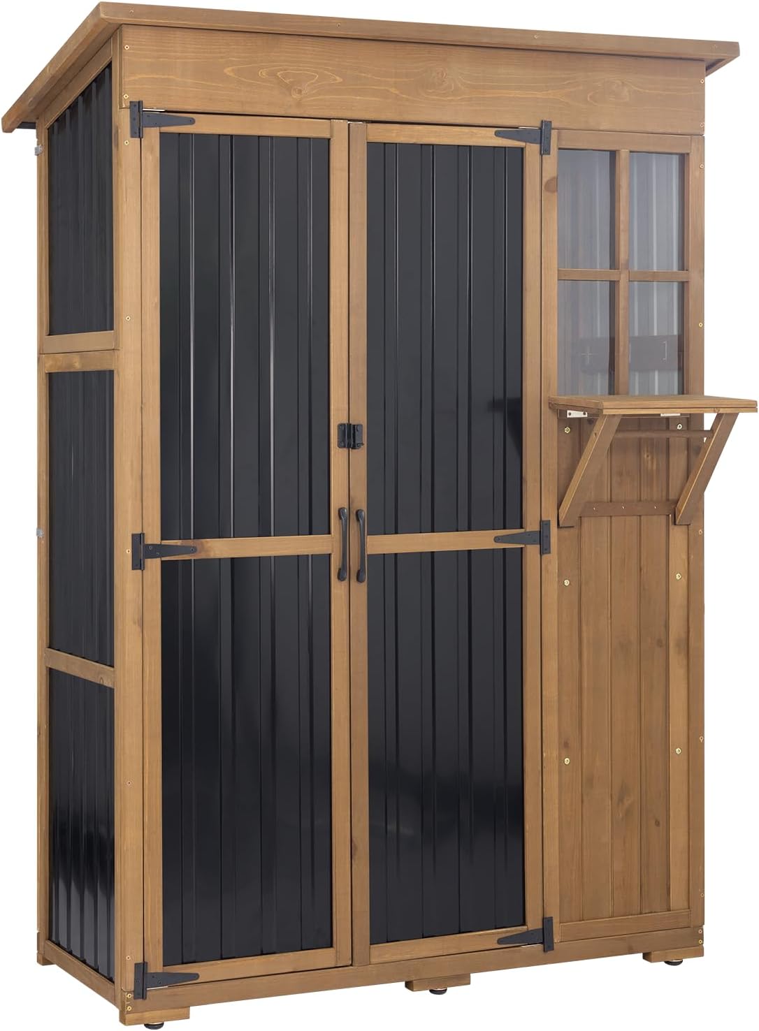 Outdoor Storage Cabinet, Large Wood & Metal Garden Shed with Foldable Table, Weather-Resistant Asphalt Roof, Lockable Doors & Adjustable Feet for Patio, Backyard, or Garage (47