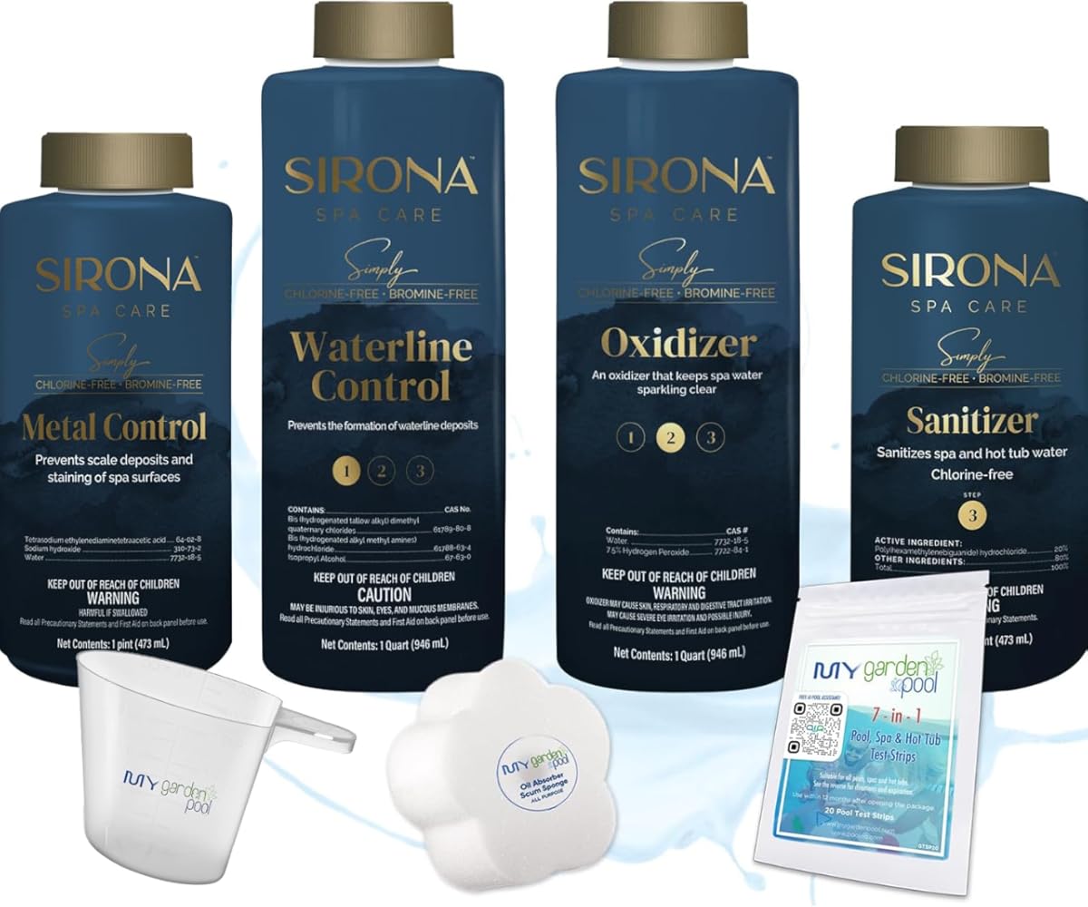 Sirona Simply Hot Tub Full Kit: Metal Control, Waterline, Oxidizer, Sanitizer with My Garden Pool Test Strips, Scum Sponge Flower Oil-Absorbing Sponge and Measure Cup for Hot Tubs and Pools