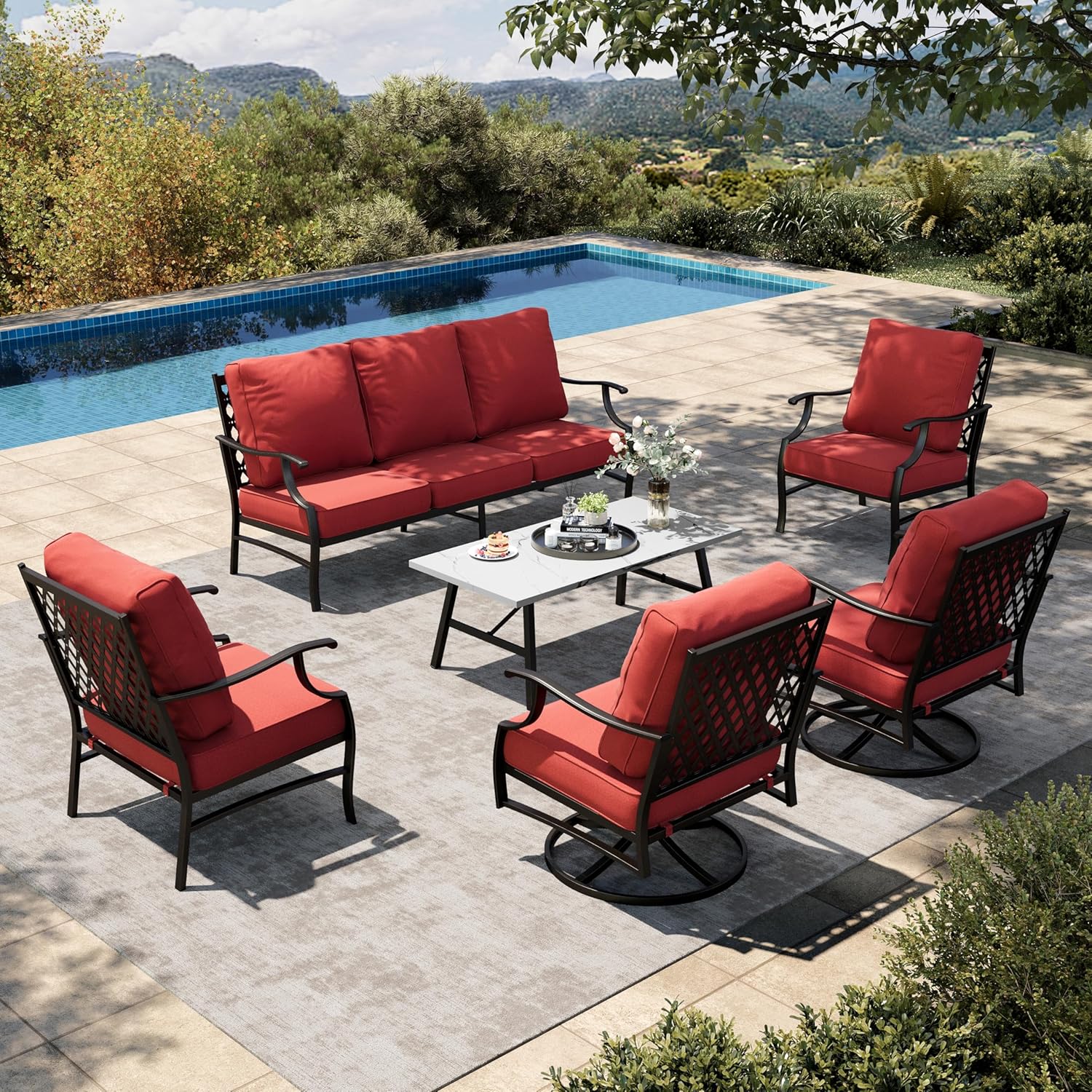 HERA'S HOUSE 6 Piece Patio Furniture Set, 2 x Swivel Chair, 2 x Fixed Chair, 1 x 3-Seat Sofa with Marbling Coffee Table, Outdoor Conversation Set for Lawn Garden Backyard, Red