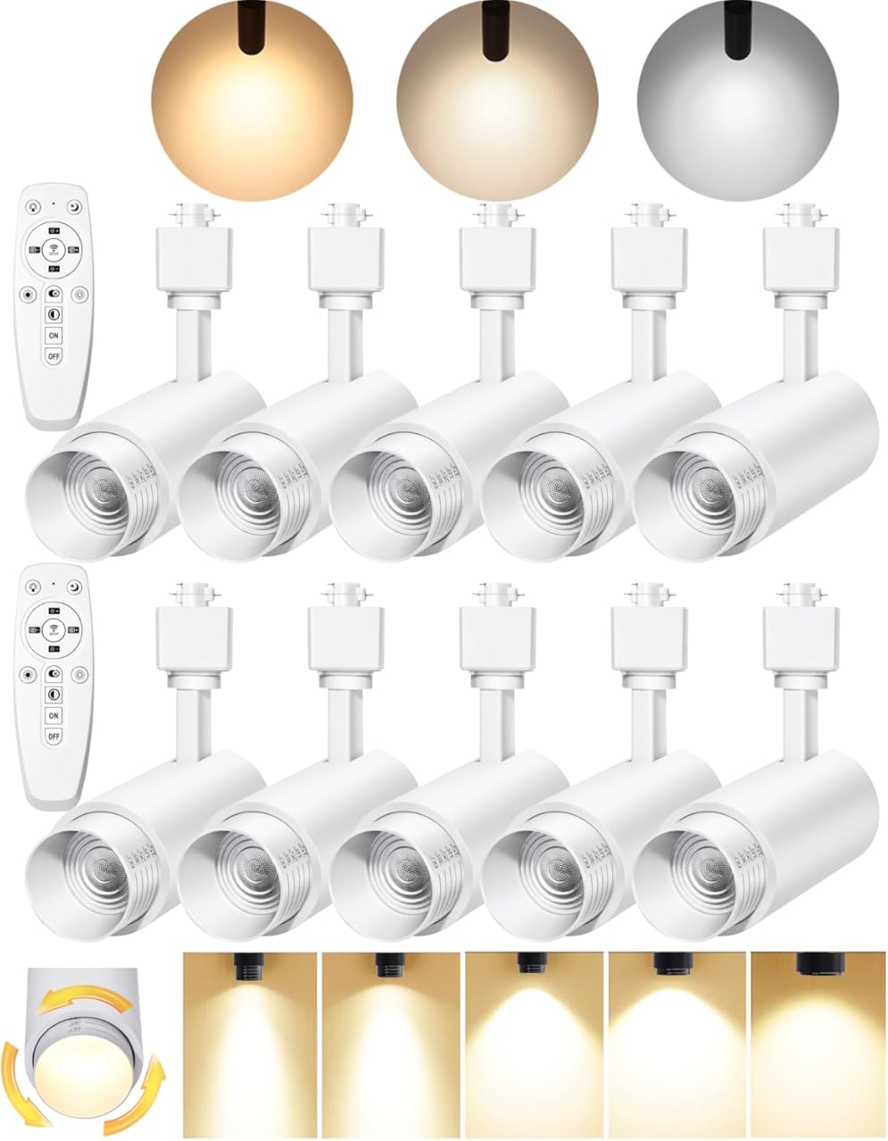 12W LED Track Lighting Heads,2700K-6500K Stepless Dimming H Type Dimmable Rail Ceiling Track Lights Fixtures for Kitchen,Flicker Free 15° to 60° CRI90 1200LM,White 10 Pack