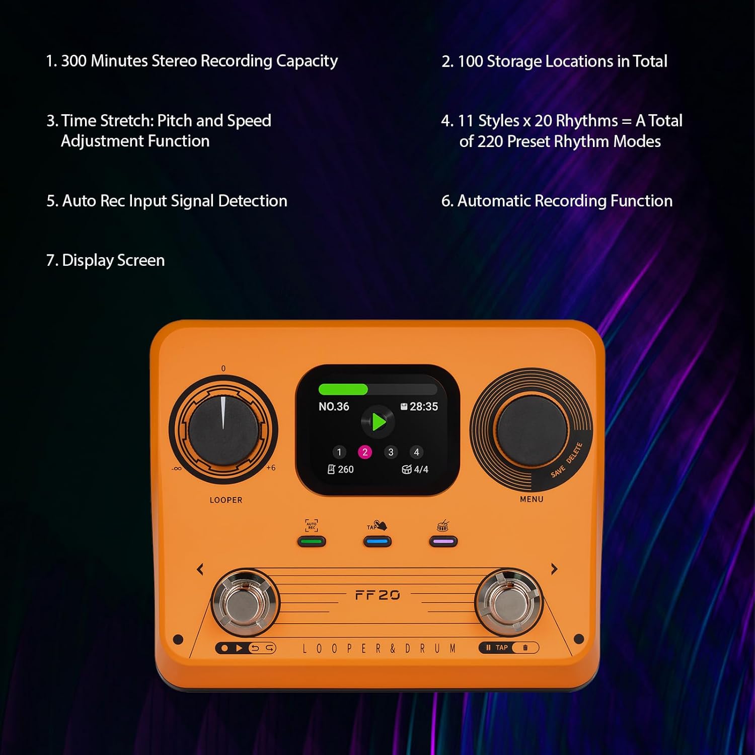 Drum Machine Looper Guitar Effects Pedal, 300 Minutes Stereo Recording 220 Rhythm Patterns Time Stretch Technology, with Headphone Jack for Electric Guitar Practice (US Plug)
