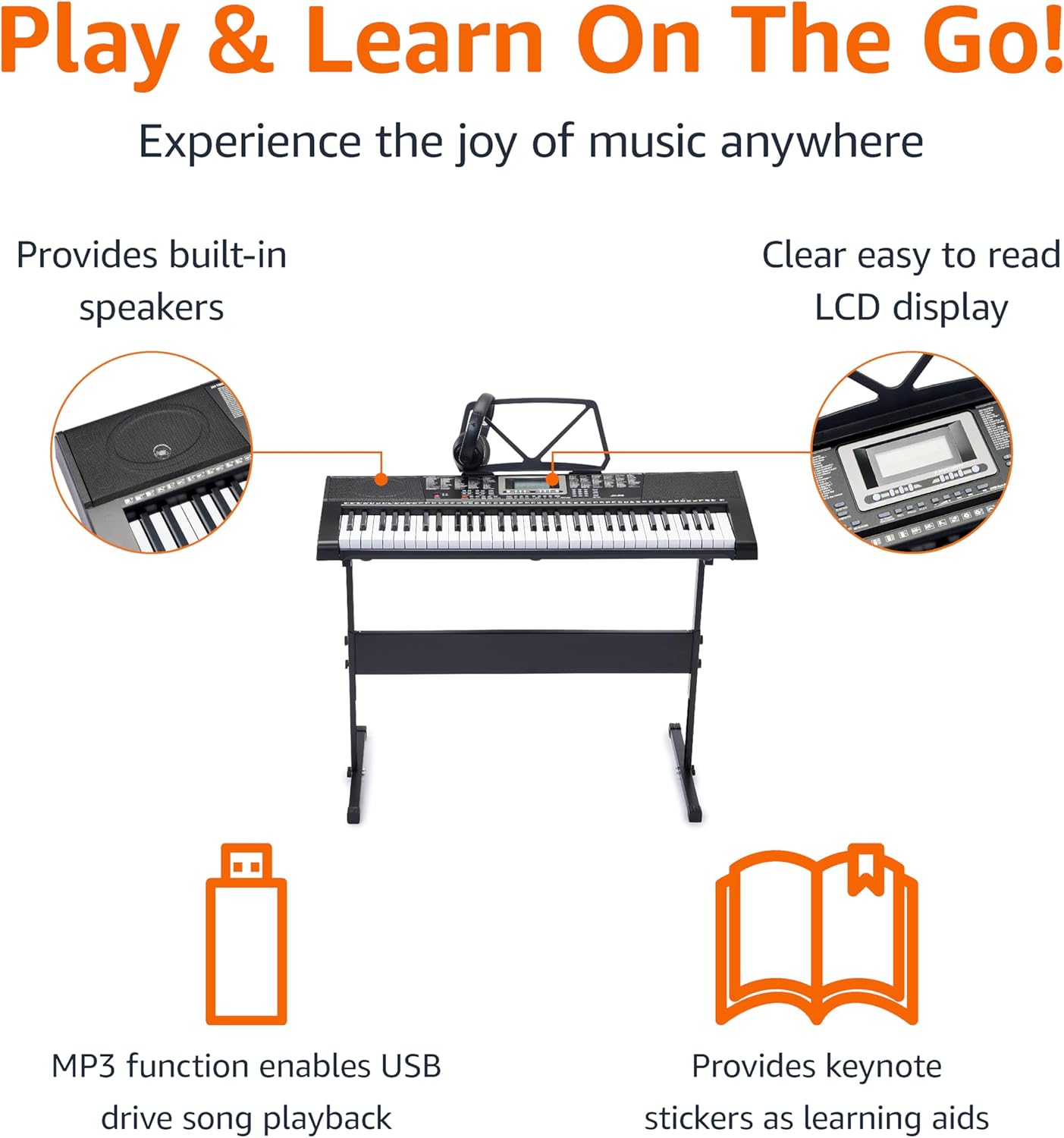 Amazon Basics Electric Keyboard Piano with 61 Keys, Built-in Speakers, Songs for Learning, Black