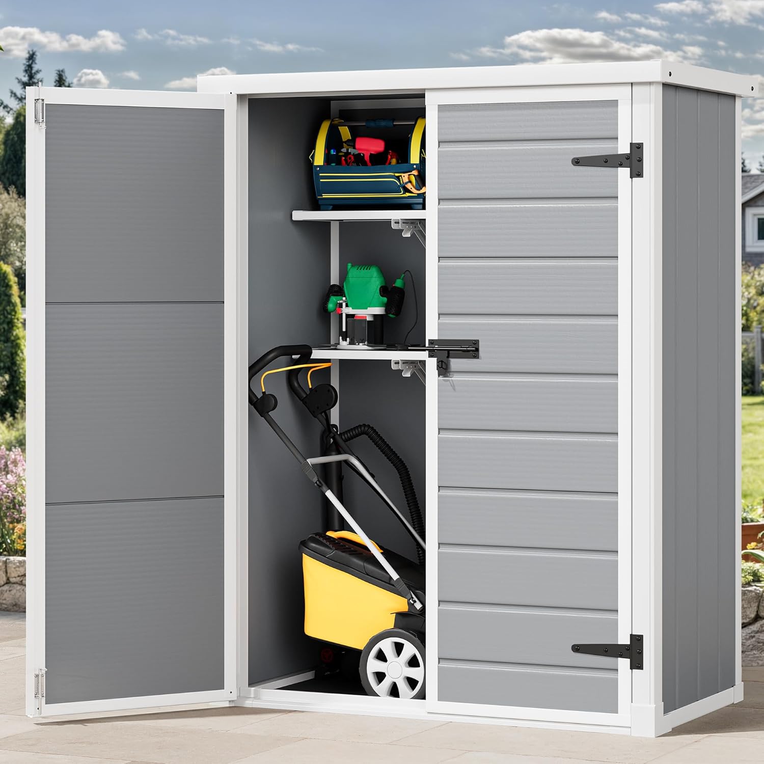 DWVO 50 Cuft Outdoor Tall Storage Shed with 2 Shelves, 4.3x2x5.5ft Vertical Tool Shed with Floor & Lockable Doors, Sturdy Double-Wall Plastic Cabinet for Garbage Cans and Garden Equipment (Gray)