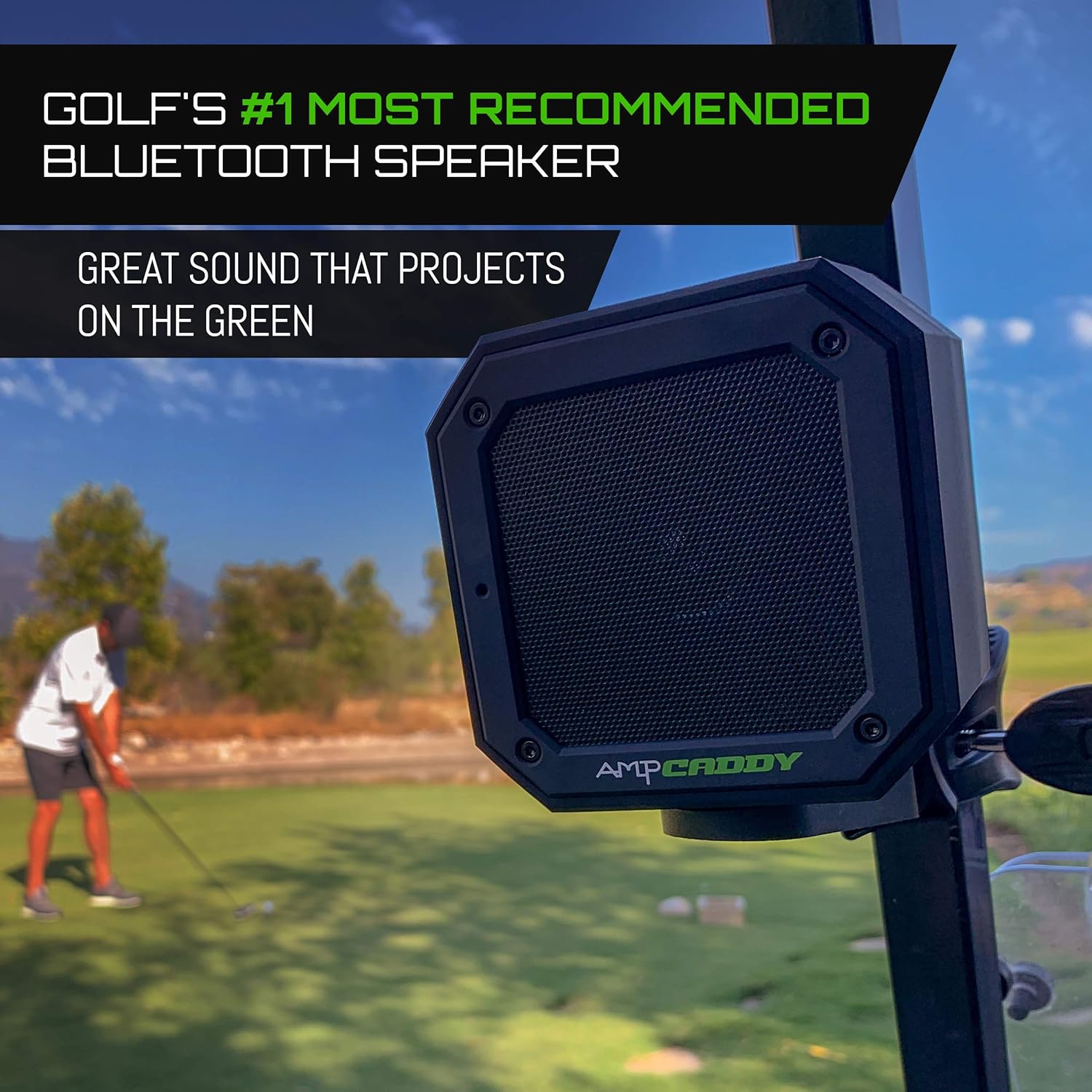 Ampcaddy Golf Bluetooth Speaker with Mount, Bluetooth Speaker and Mount with Loud Stereo Sound and Bass Boost, Extended Playtime and Range (V3 Pro - 15 Watts)