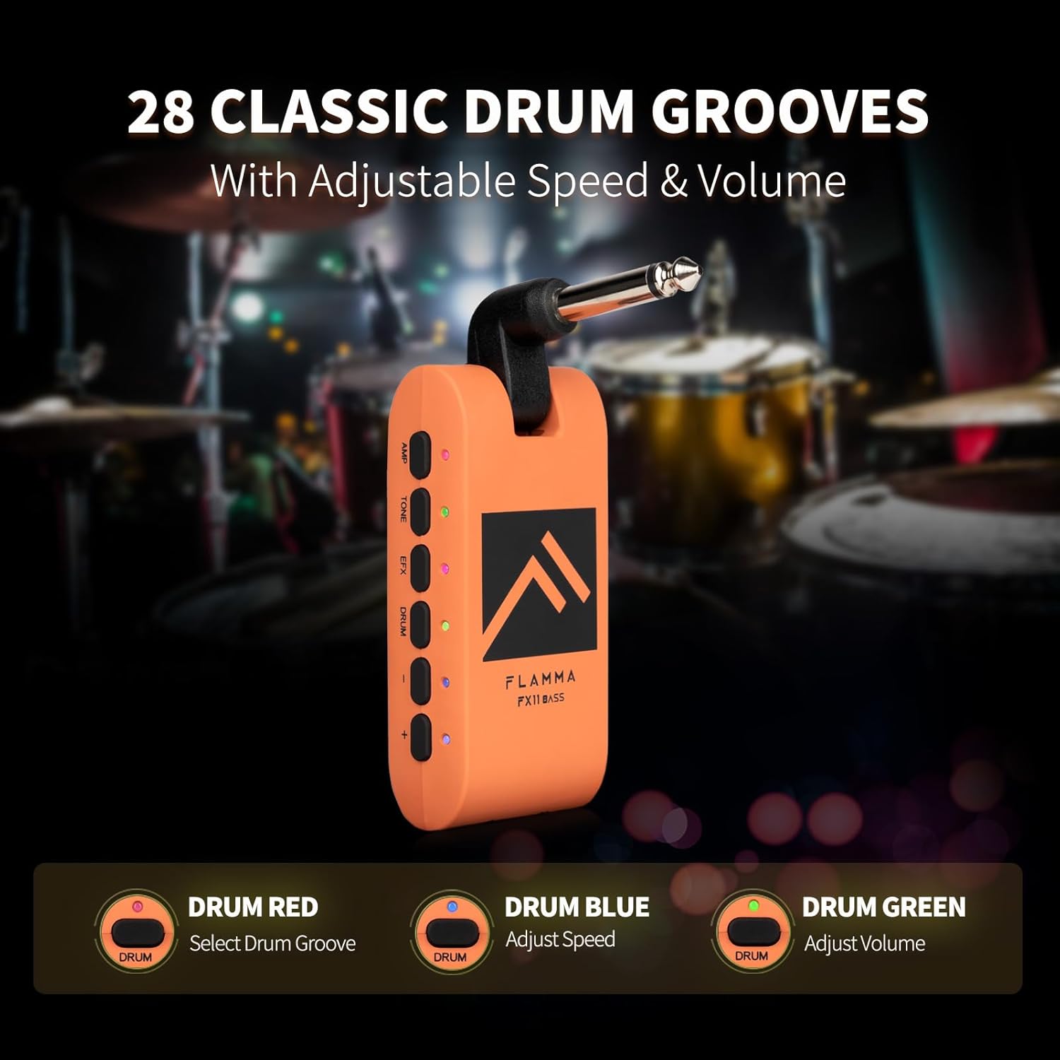 FLAMMA Bass Headphone Amp Portable Modeling Headphone Amplifier with 28 Drum Grooves 7 Amp Models Built-in Effects 5 Tone Color Support Bluetooth USB Audio Recording&Playback OTG Function Rechargeable