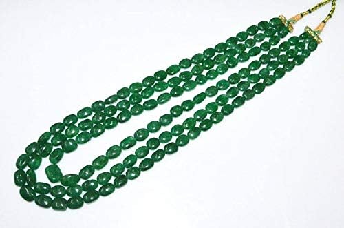 JEWELZ 3 lines dyed emerald smooth oval shape necklace, dyed emerald smooth oval beads, emerald necklace, 9x11-13x16.5 mm