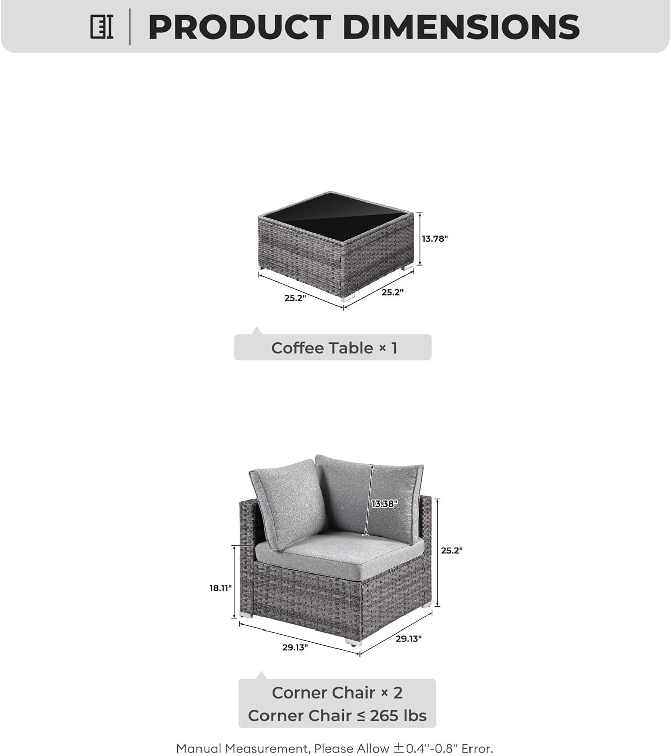 3 Pieces Patio Set Outdoor Wicker Furniture Sets Modern Rattan Chair Conversation Sets with Coffee Table for Yard and Bistro (Dark Grey)