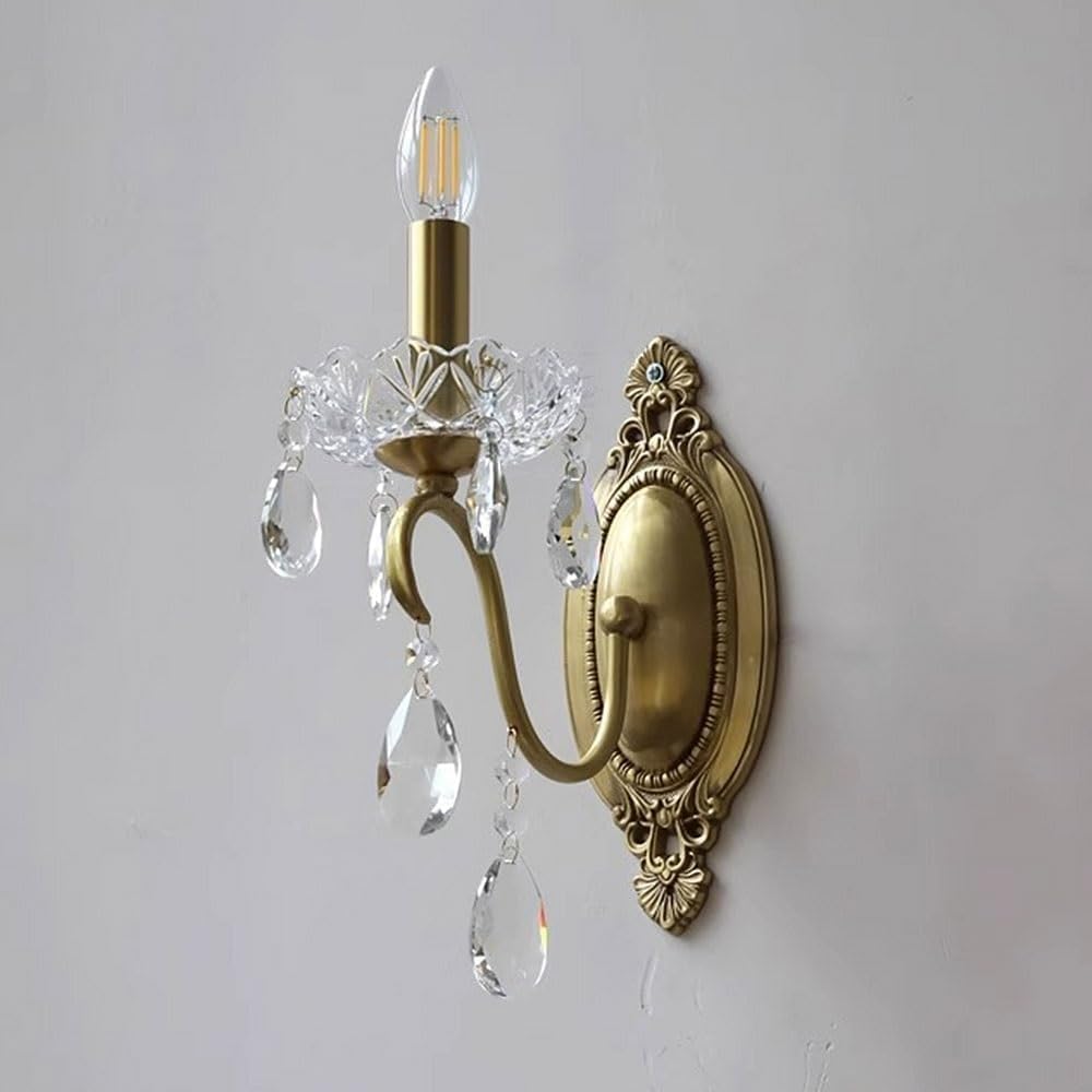 Gold French Country Wall Sconce, E14 Vintage Crystal Candle Style Wall Light, Hardwired Lighting Fixtures Wall Lamp for Living Room Bedroom Hallway Foyer(1-Light)