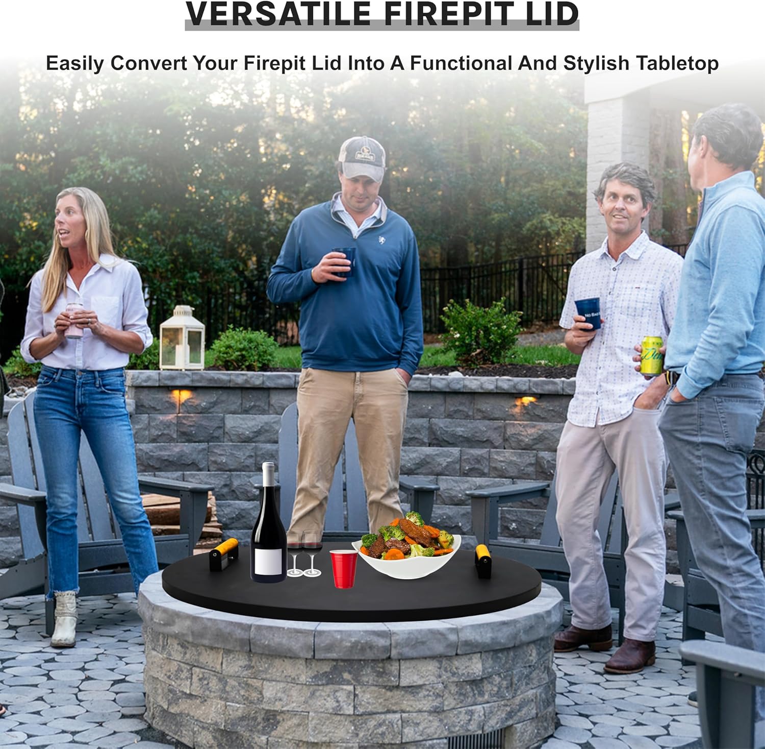 30” Round Fire Pit Lid – Heat Resistant fire Pit Cover Round Metal for Outdoor Fireplace 16 Gauge Steel Flat Fire Pit Burner Pan Cover with 2 Wooden Handles Snuffer Lid for Round Patio FirePit Ring