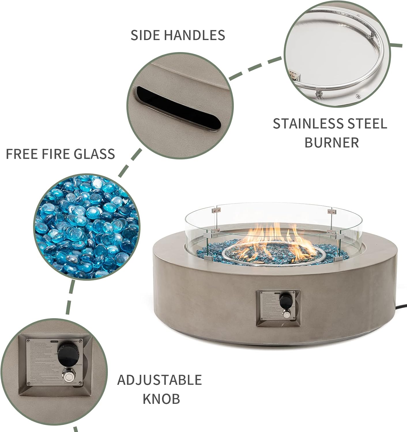 COSIEST Outdoor Propane Fire Pit Coffee Table w Gray 40.5-inch Round Base Patio Heater, Certified, 50,000 BTU Stainless Steel Burner, Wind Guard, Aqua Blue Fire Glass, Rain Cover