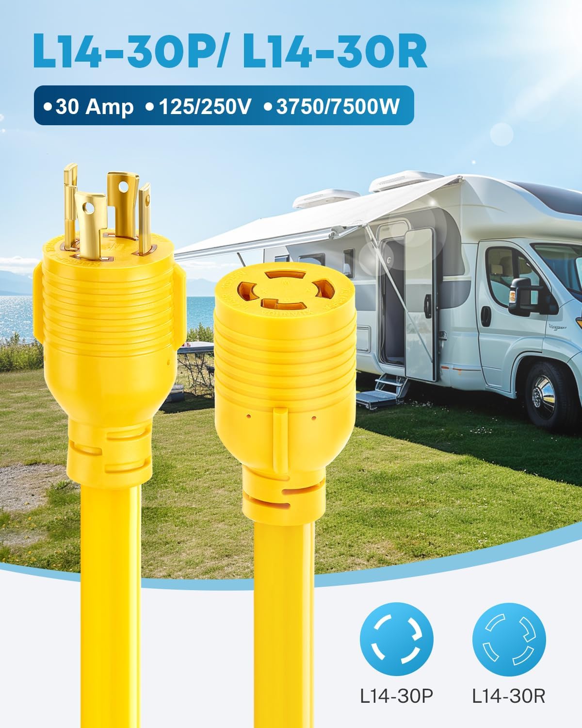 30 Amp Generator Extension Cord 25 FT + 30 Amp Generator Power Inlet Box