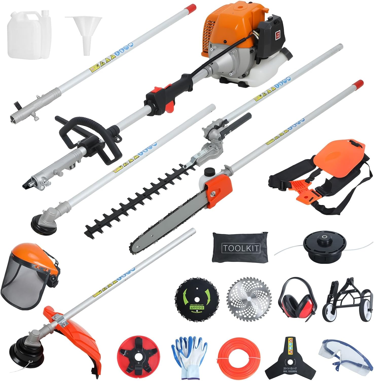 Multi-Functional Weed Wacker, 52CC 2-Cycle Gas Weed Eater, Gas Weeds Wacker, Weeds Eater, String Trimmer, Brush Cutter, Edger, Pole Saw Chainsaw Pruner with Extension Pole Orange