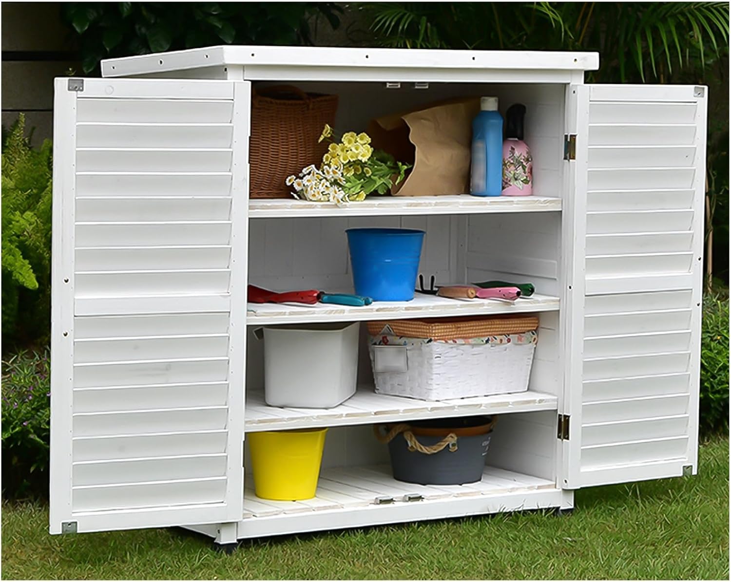 Outdoor Storage Shed, Weatherproof Garden Tool Storage Cabinet, Solid Wood Backyard Storage Box with Door and Handle, Height Adjustable Garden House for Lawn Mower, Pool Tools (White 97x87x47cm)