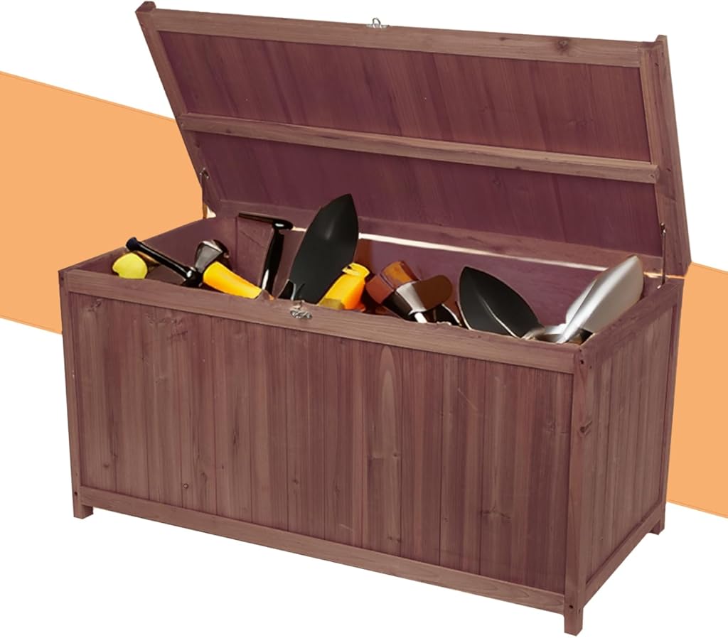 65 Gallon Outdoor Solid Wood Deck Box, Fir wood storage box Deck Box with Sealed Hinged Lid, Furniture Storage Cabine Patio Tool, Backyard Tool, Garden Tool, Pool Equipment, Camping Gear