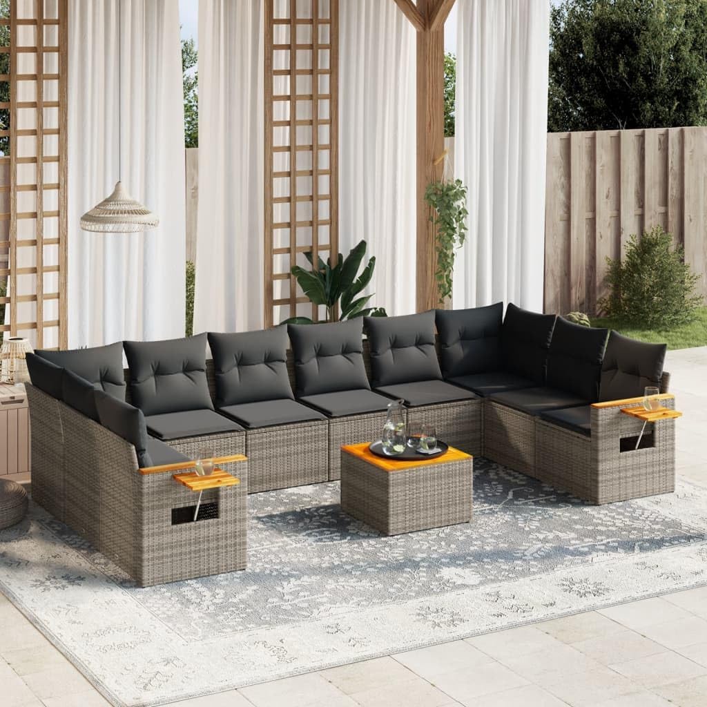 Large Modular Garden Sofa Set, Grey PE Rattan Outdoor Patio Furniture, Weather-Resistant Sectional Seating for Balcony, 10-Person Capacity, Durable Frame