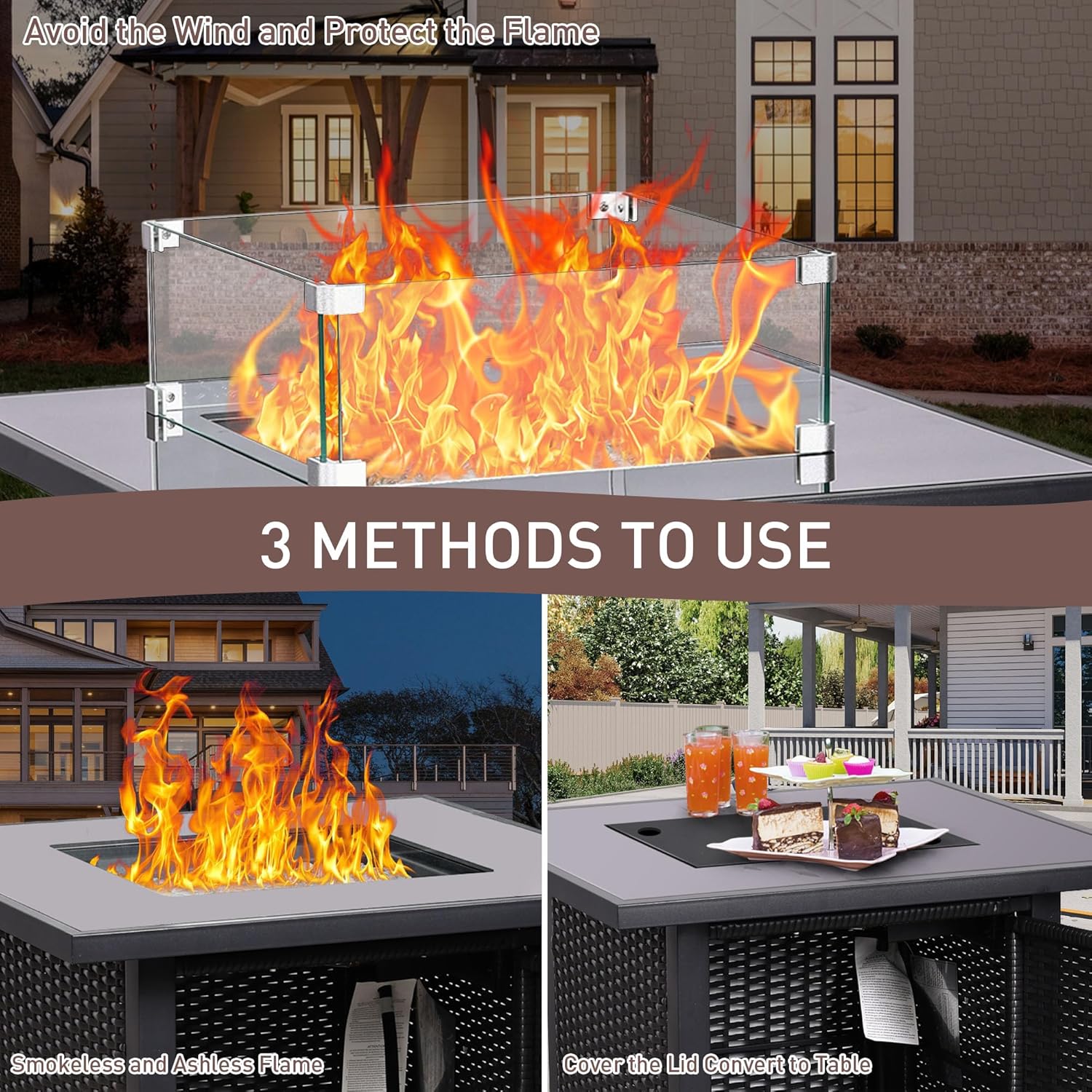 Ainfox 28 Inch Outdoor Fire Pit Table, 50,000 BTU Propane Fire Pit with Lid and Wind Glass Shield, Rattan 3-in-1 Fire Table for Patio, Backyard, Garden