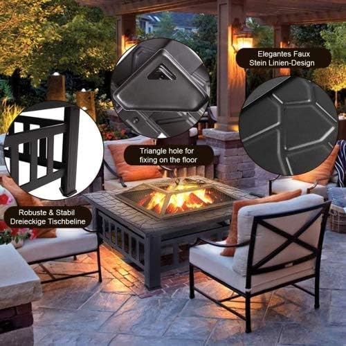 32 inch Outdoor Square Metal Firepit for Home BBQ, Wood Burning Fire Pit with Poker for Backyard Patio Garden Stove Camping Picnic Bonfire with Spark Screen Cover, 32