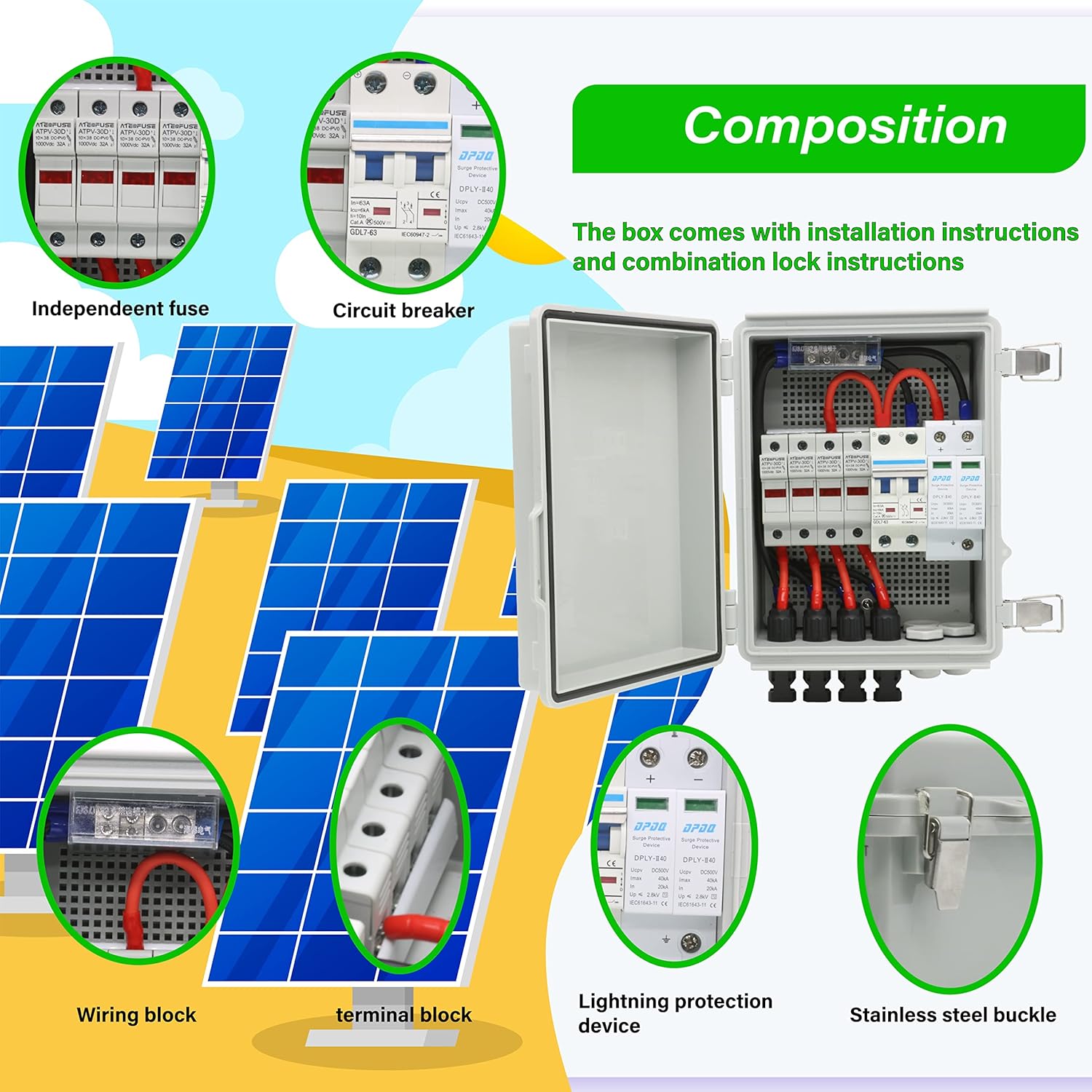 4 String Solar Combiner Box, IP65 Waterproof PV Combiner Box for On/Off Grid Solar System,with Lightning Arrester, 15A Rated Current Fuse & 63A Circuit Breaker(Plastic)