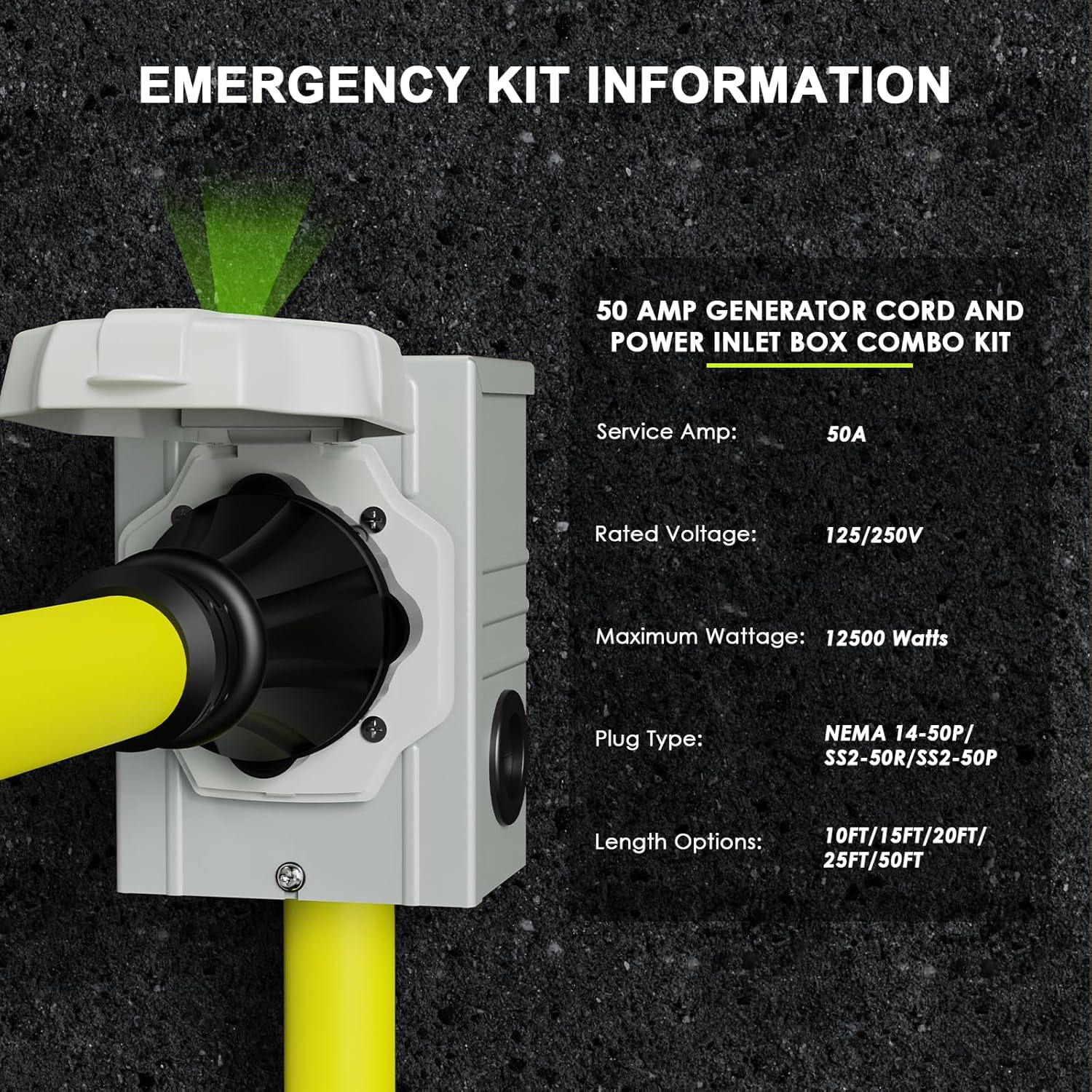 50 Amp Generator Cord 15FT and Power Inlet Box, NEMA 14-50P Male to SS2-50R 125/250V Twist Lock Connector with Pre-Drilled NEMA SS2-50P Generator Inlet Box for Generator to House, ETL Listed