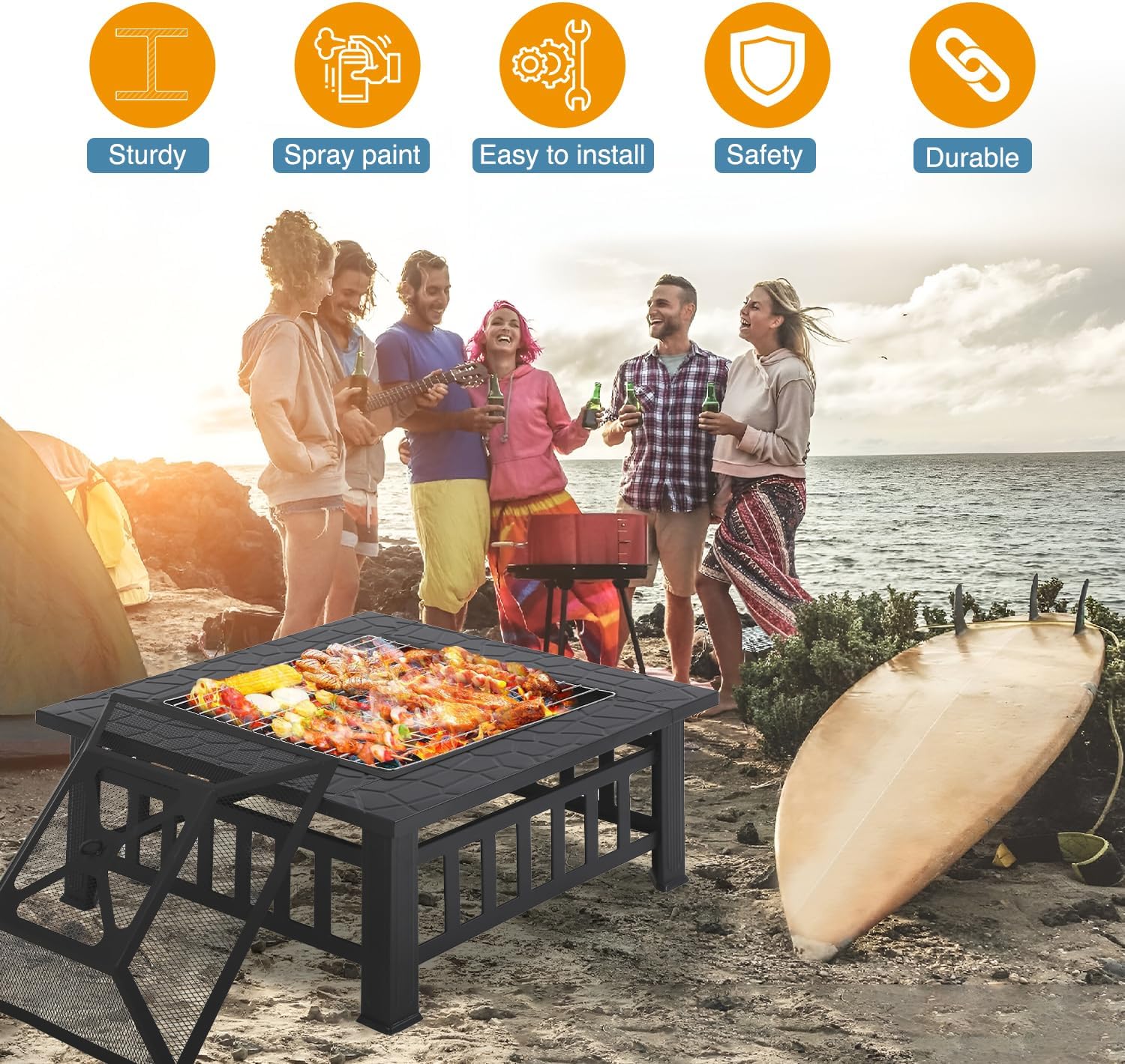 Fire Pit Table Square Metal Firepit Stove Backyard Patio Garden Stove Fireplace Mesh Cover Poker for Camping, Outdoor Heating, Bonfire and Picnic,32in