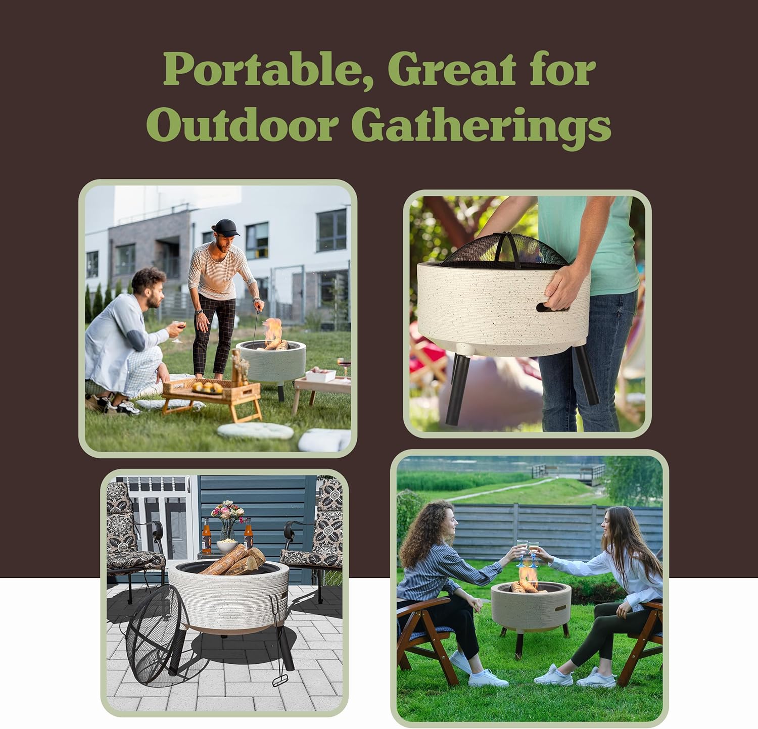 Outdoor Fire Pit - 21” Round Faux Concrete Firepit - Wood Burning Fire Pit with Poker, Screen, Cover - Wood Fire Pits for Outside Patio by Pure Garden