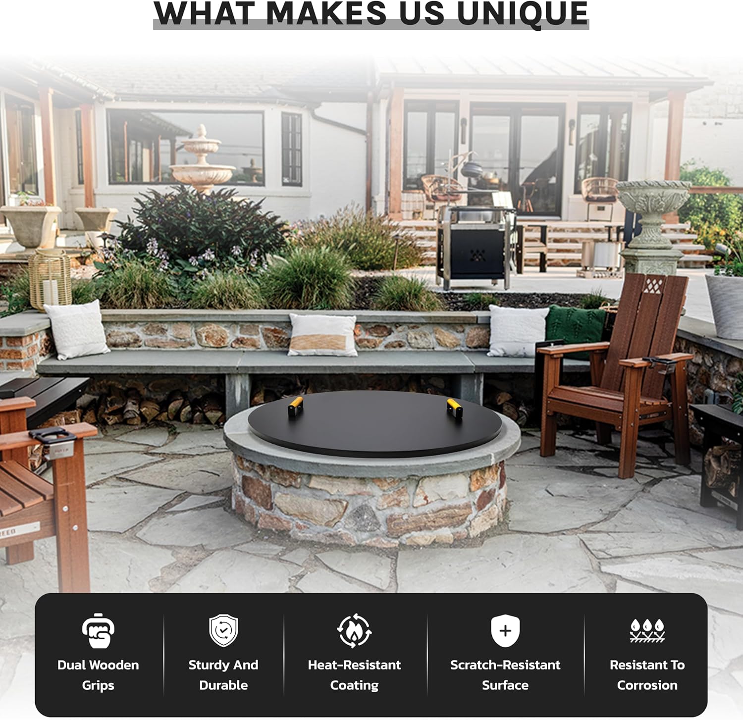 30” Round Fire Pit Lid – Heat Resistant fire Pit Cover Round Metal for Outdoor Fireplace 16 Gauge Steel Flat Fire Pit Burner Pan Cover with 2 Wooden Handles Snuffer Lid for Round Patio FirePit Ring