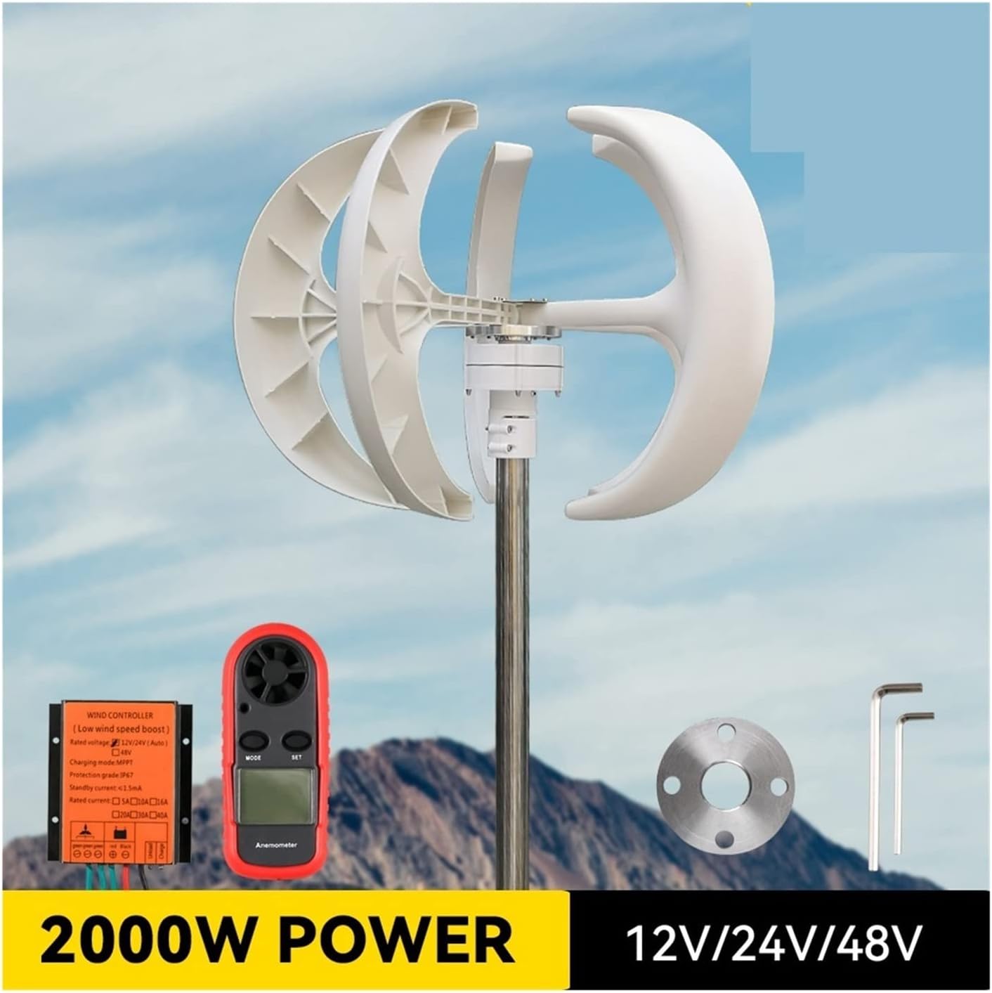 Wind Turbine, Vertical Energy Wind Turbine Windmill Generator 2000W 12v 24v 48v Low Noise Wind Speed Start with MPPT Charge Controller(Blue,Turbine ONLY_12V)