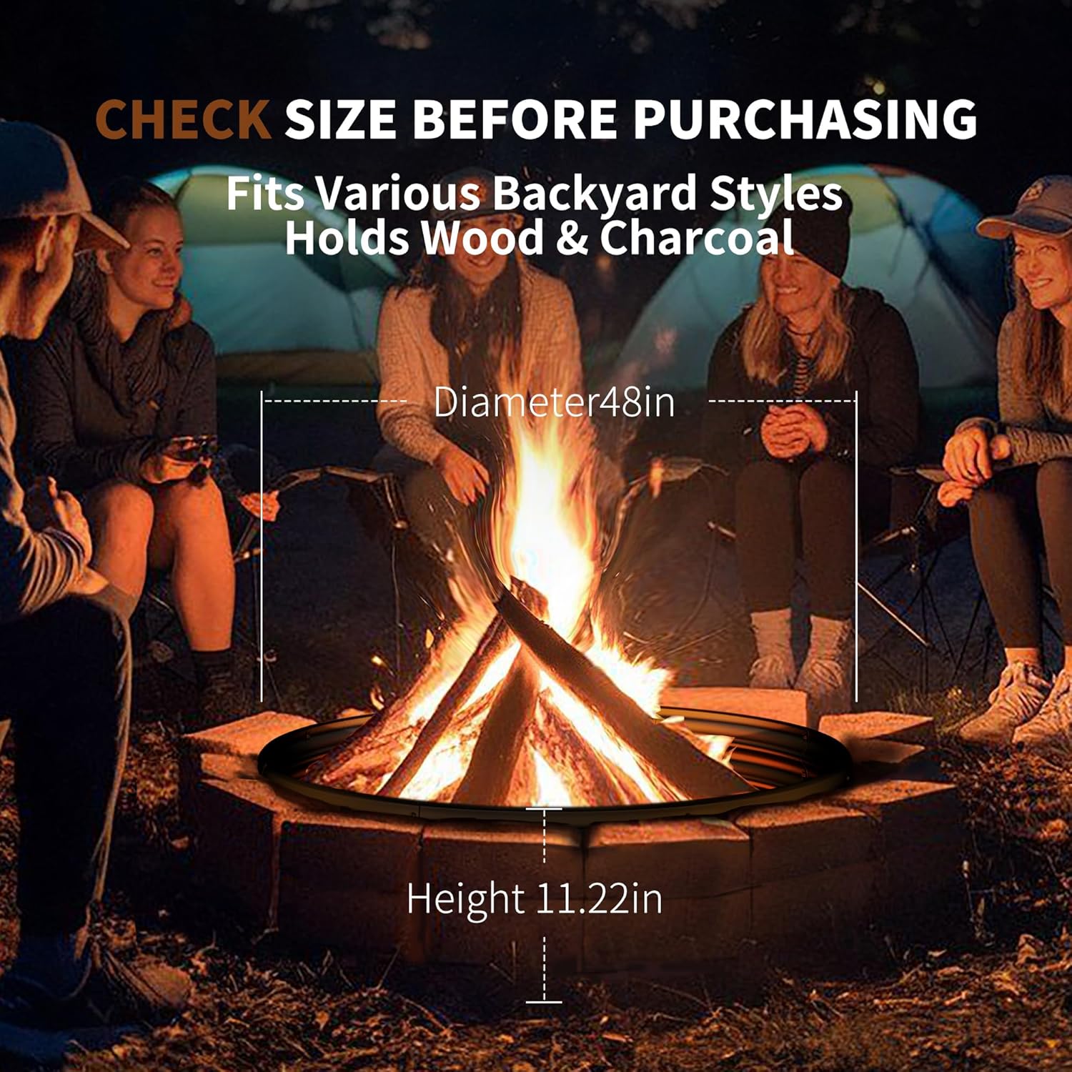 48 Inch Fire Pit Ring,Large Fire Pit Ring for Outside Wood Burning, Fire Pits Rings with High-Temperature Coating for Backyard, Bonfire, Camping, Beach(4x4 FT)