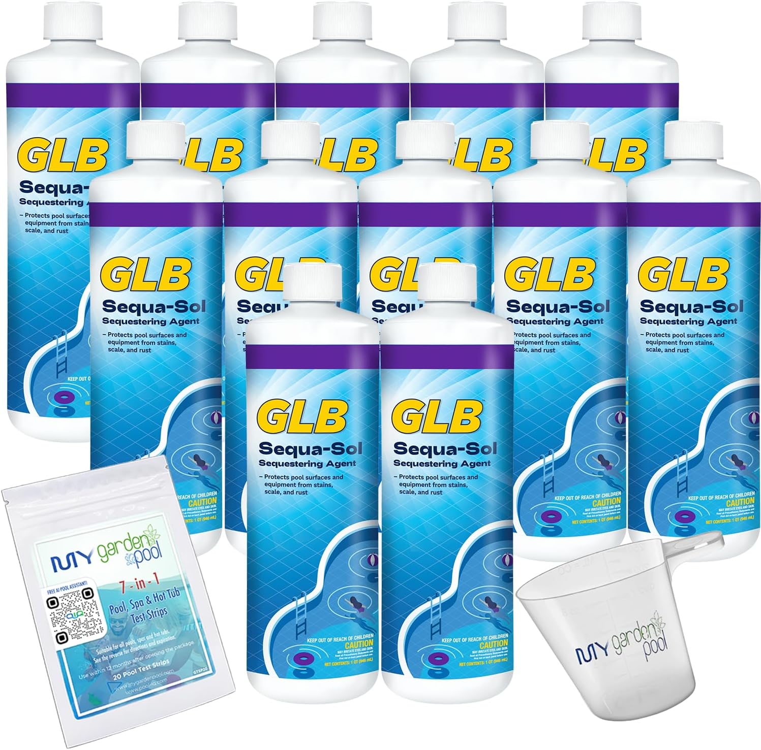 GLB Sequa-Sol 32 FL OZ (71016A) Prevents Stains & Scale, Includes My Garden Pool Measuring Cup & Test Strips, 12-Pack