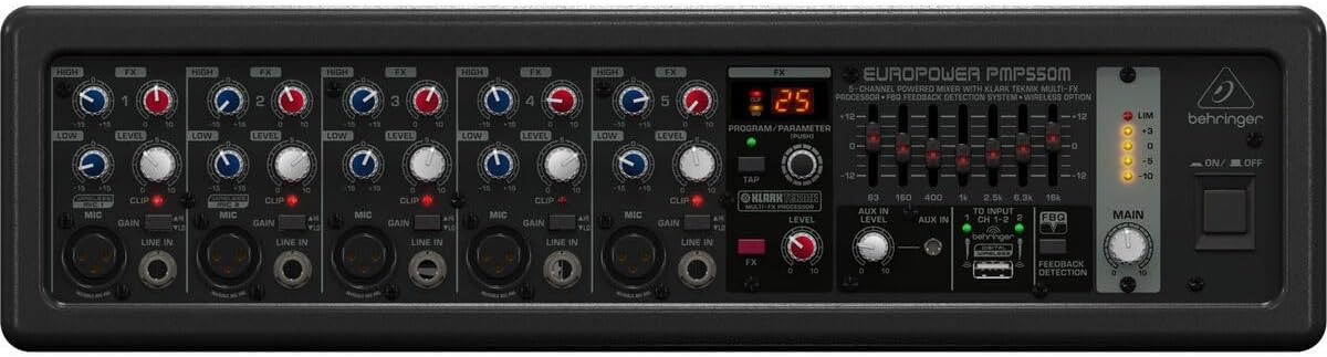 Behringer EUROPOWER PMP550M 500 Watt 5 Channel Powered Mixer with Klark Teknik Multi-FX Processor, FBQ Feedback Detection System and Wireless Option