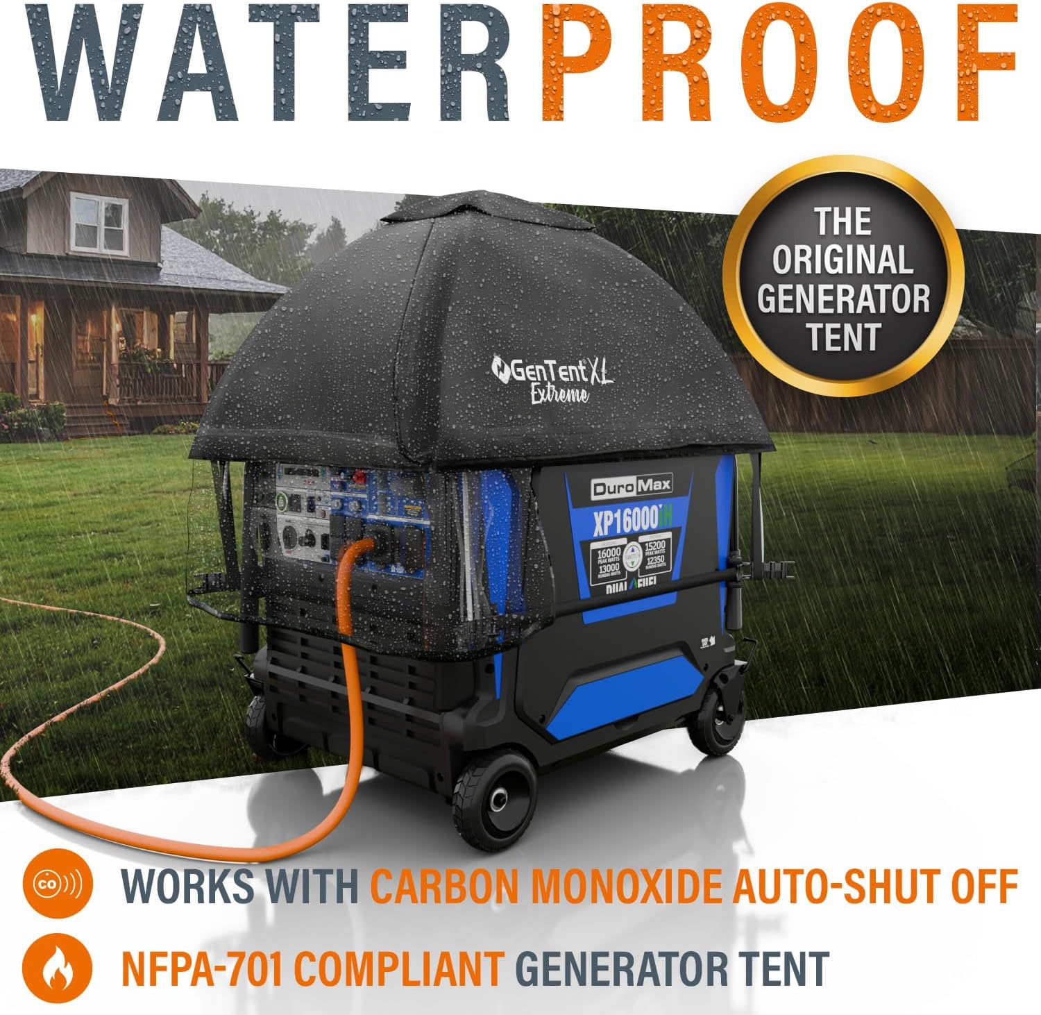 GenTent XL Inverter Generator Tent – NFPA FR Dual‑Coated Vinyl Running Cover, Waterproof and Cold‑Crack Tough, for Operating Larger Fully Encased Inverter Generators in Wet Weather (Extreme, Black)
