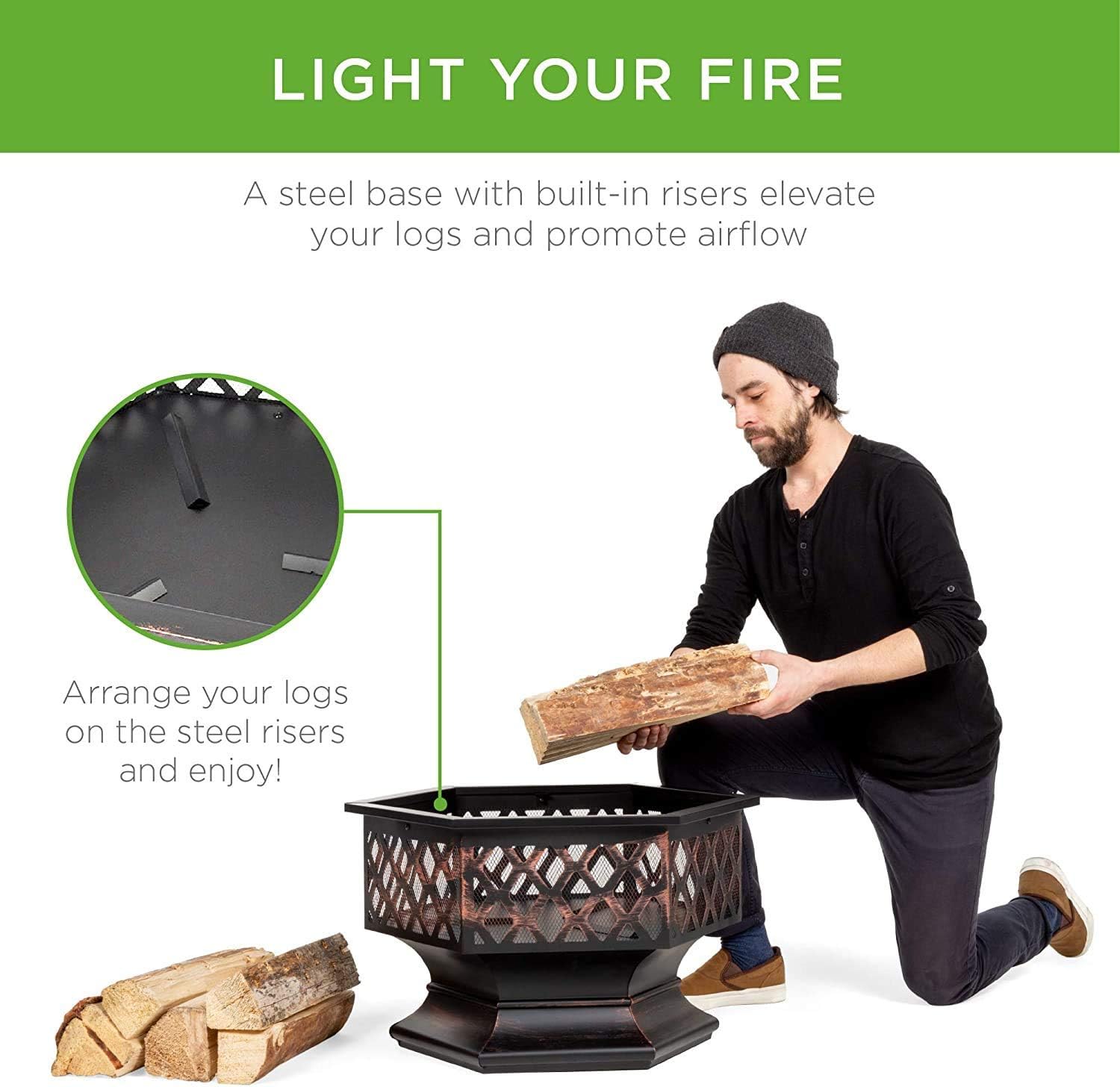 Fire Pit Steel Wood Burning w/Flame-Retardant Mesh Lid Fireplace Patio Backyard Steel Firepit Bowl Heater