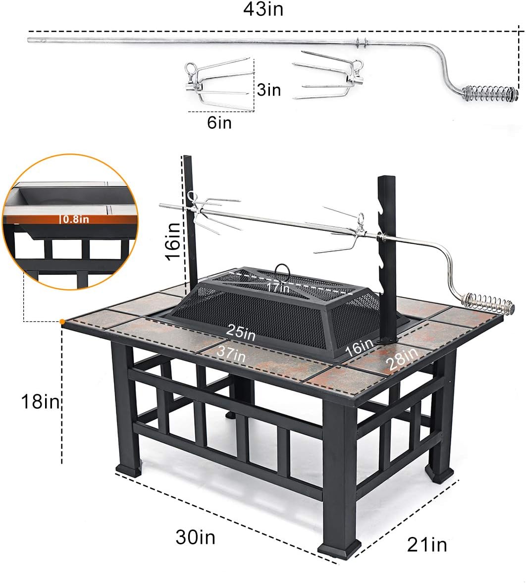 SINGLYFIRE 37 Inch Fire Pit Table with Grill for Outside Large Square Wood Burning firepit Heavy Duty Steel Bonfire Pit Cooking with Spark Screen Log Grate Poker for Backyard Garden Camping