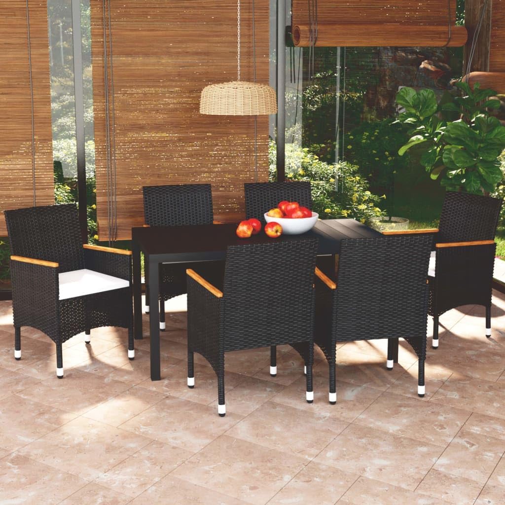 7 Piece Patio Dining Set with Cushions Poly Rattan Black Garden Furniture