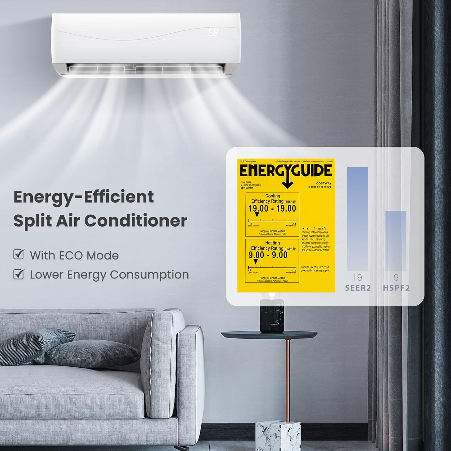 KOTEK 18000 BTU Mini Split AC/Heating System, 19 SEER2 Inverter Ductless AC Unit, Cools Up to 1250 Sq. Ft, Wall Mounted Air Conditioner with Heat Pump & Installation Kit (18000BTU, 208-230V, 19 SEER2)